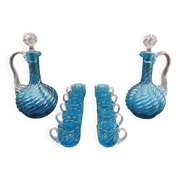 Cabaret Portieux liqueur service with 10 blue and clear glasses.