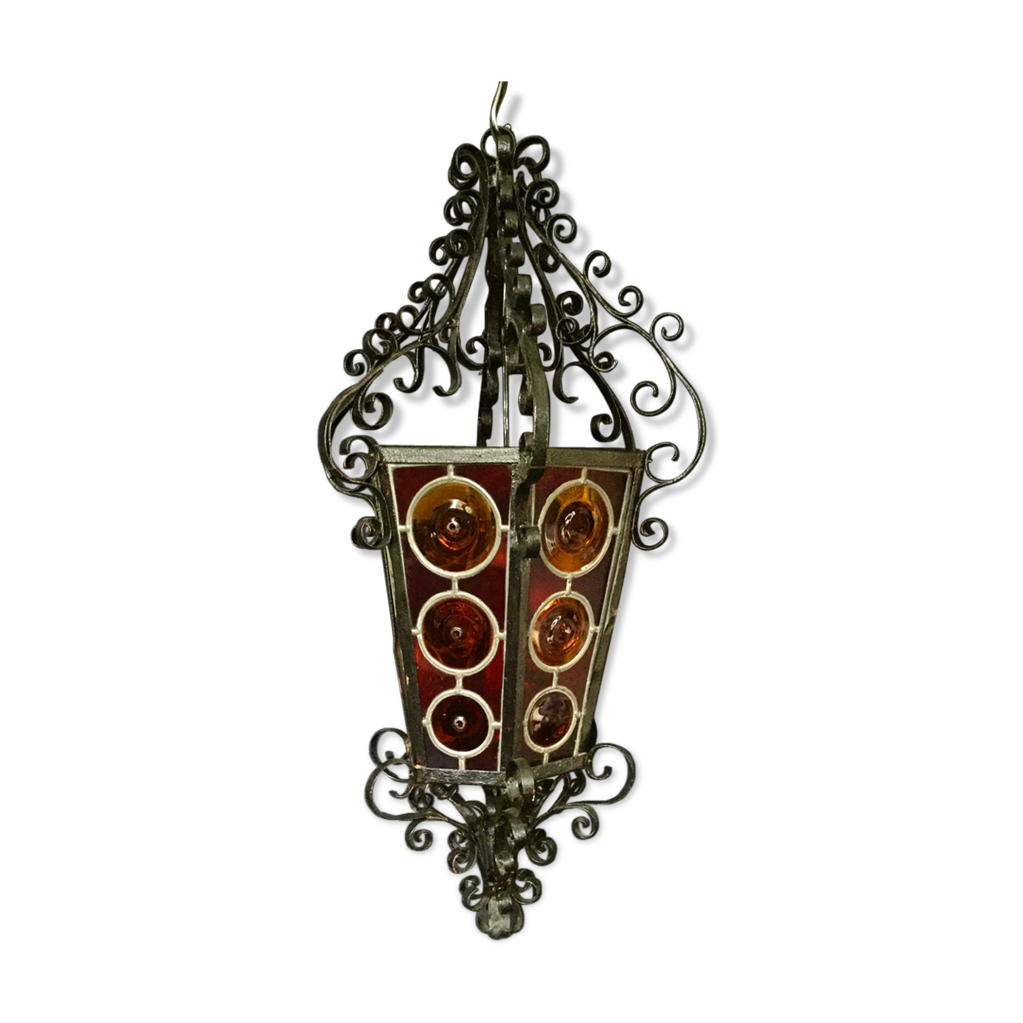 Wrought iron lantern and stained glass windows