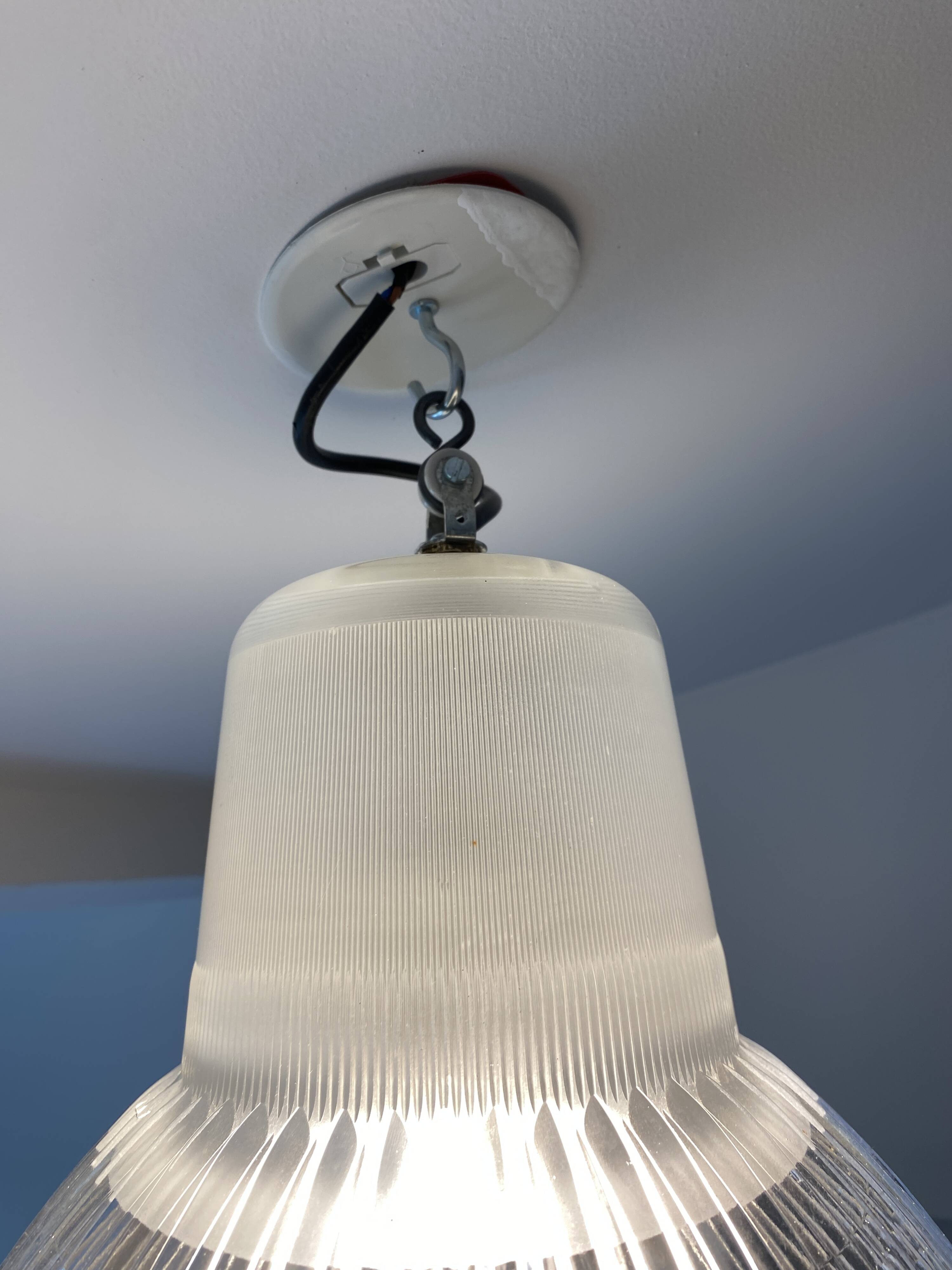 Vintage Holophane Suspension Chandelier from the 50s/60s, industrial style, transparent striated glass