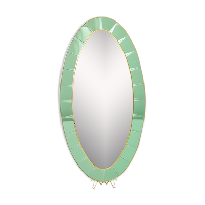 Miroir Italien oval laiton cristal vert de Cristal Arte 1950s 110x219cm