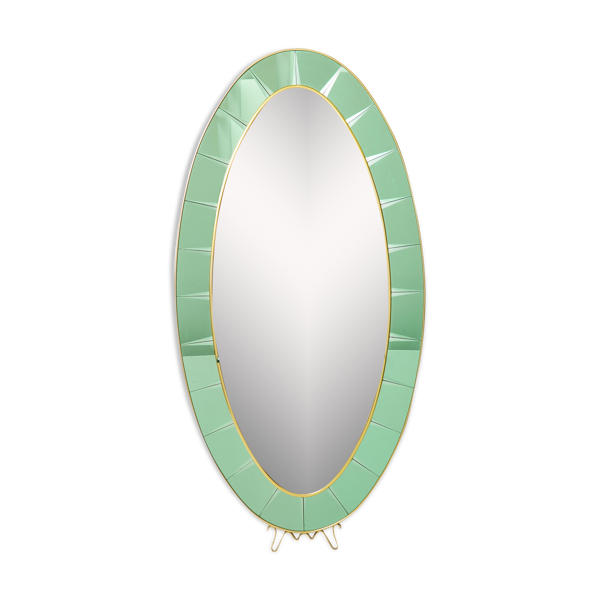 Miroir Italien oval laiton cristal vert de Cristal Arte 1950s 110x219cm