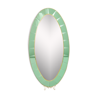 Large Italian mirror oval brass crystal green crystal of Cristal Arte 1950s 110x219cm