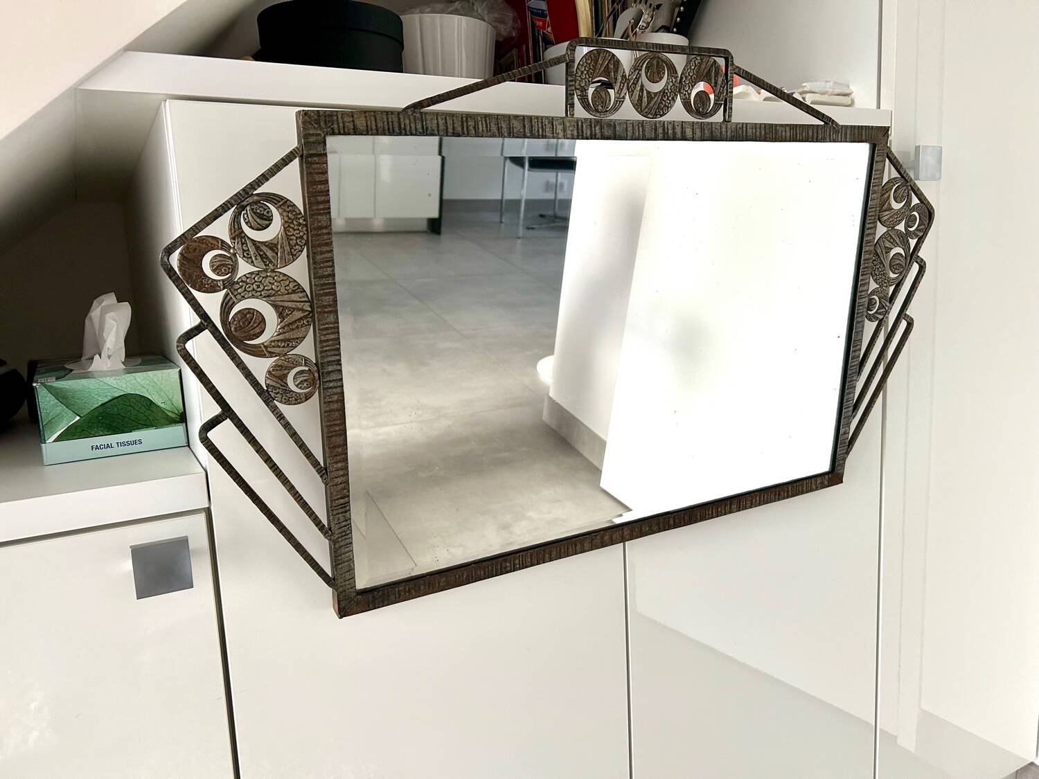 Art Deco mirror 1930 hammered iron and beveled mirror