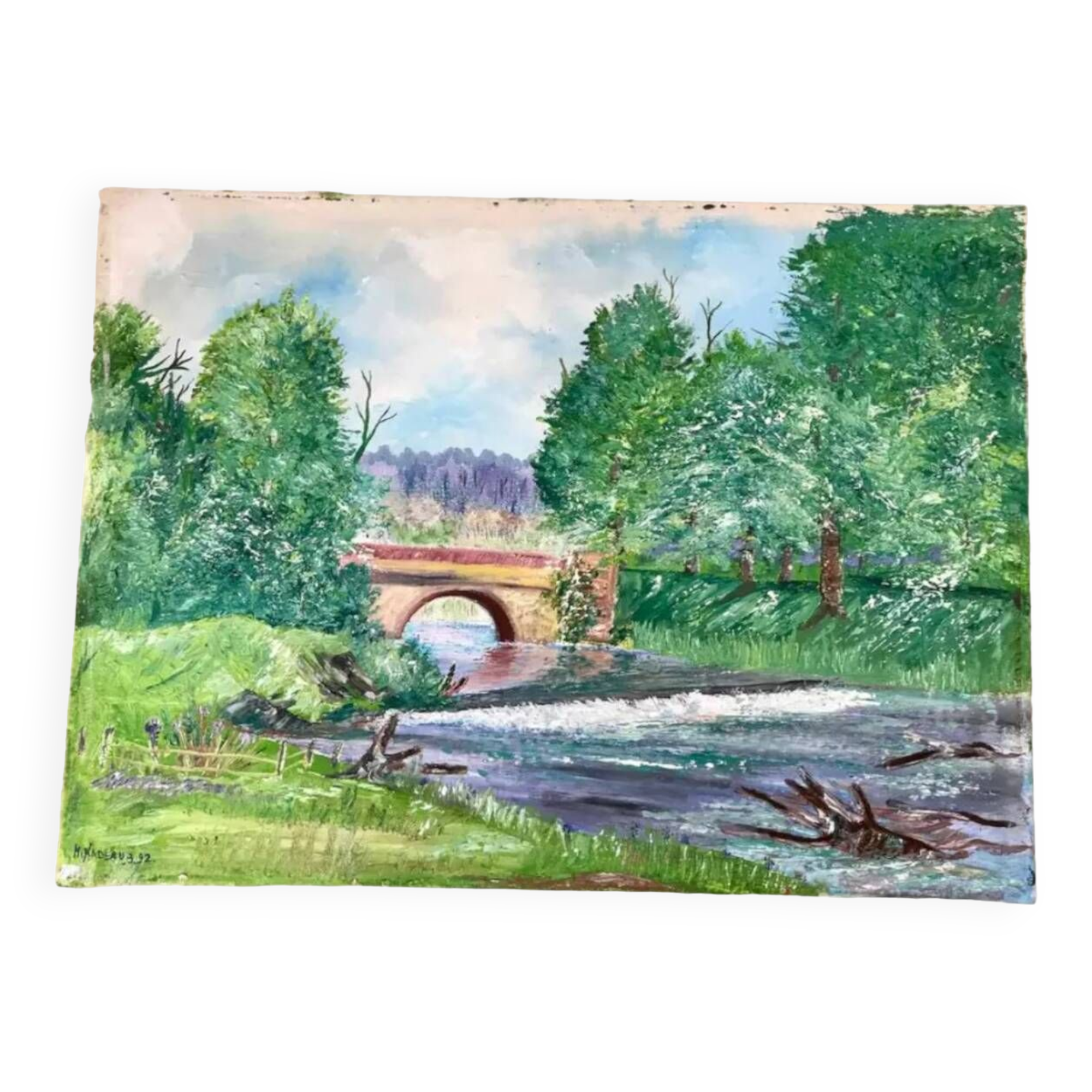 Tableau huile sur toile paysage rivière signé vintage