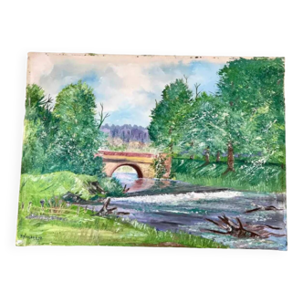 Tableau huile sur toile paysage rivière signé vintage