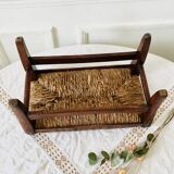 Small bench stool footrest in wood and vintage straw