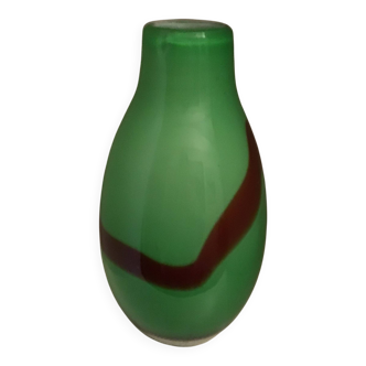Very thick green glass vase with brown accents, very heavy, perfect condition.