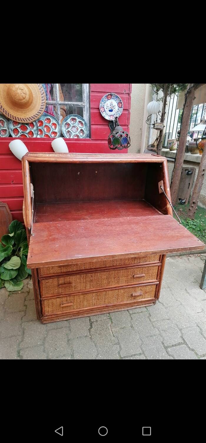 Rattan and wicker secretary chest of drawers