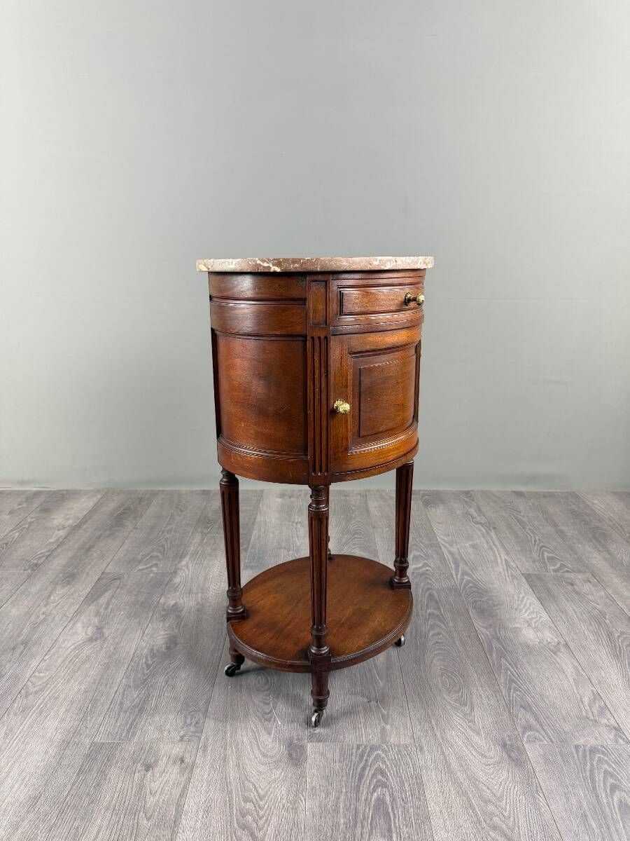 Half-moon side table in mahogany and marble, Louis XVI style, 19th century.