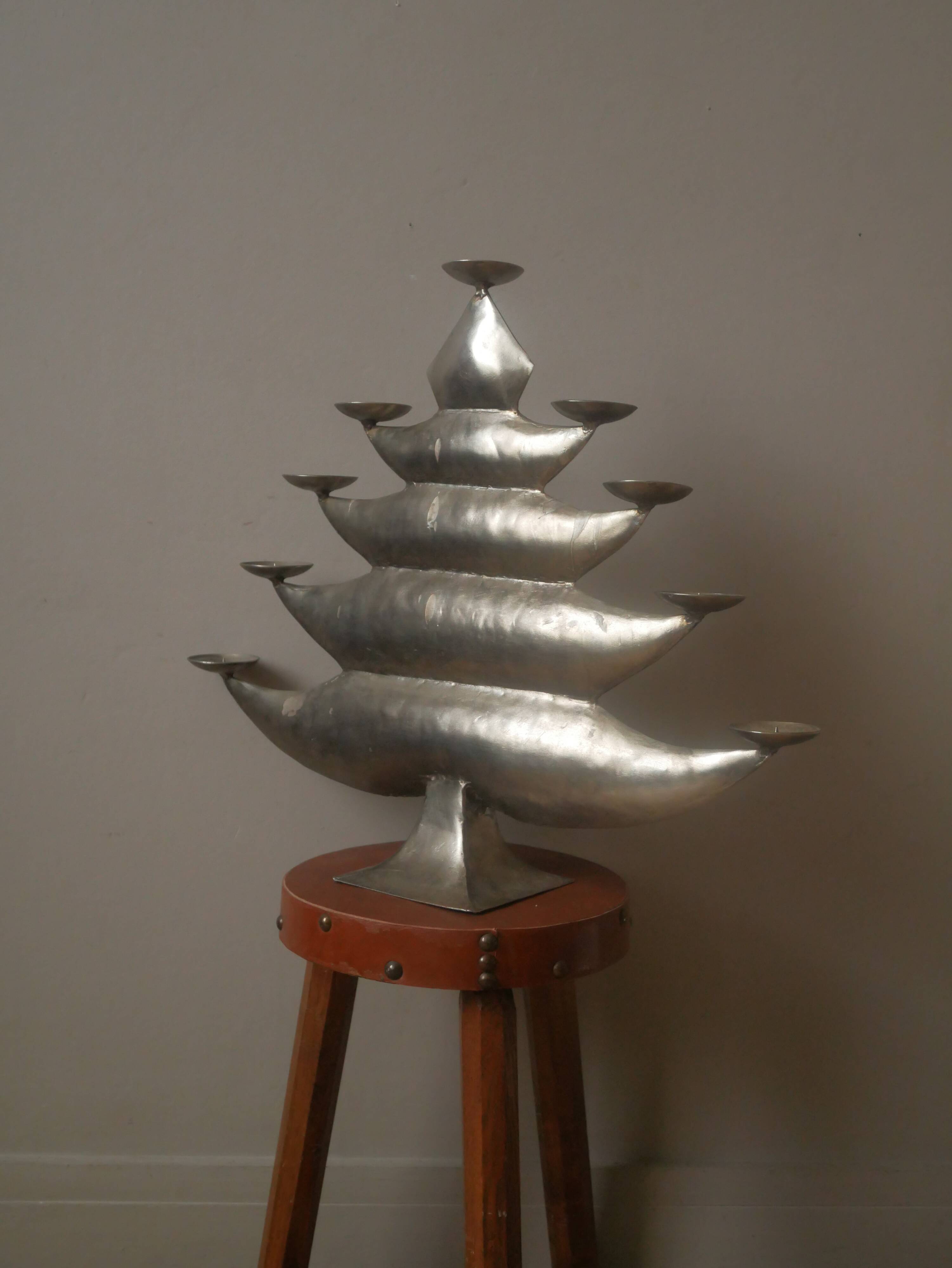 Aluminum candle holder handcrafted fir silver metal African art unique piece candlestick