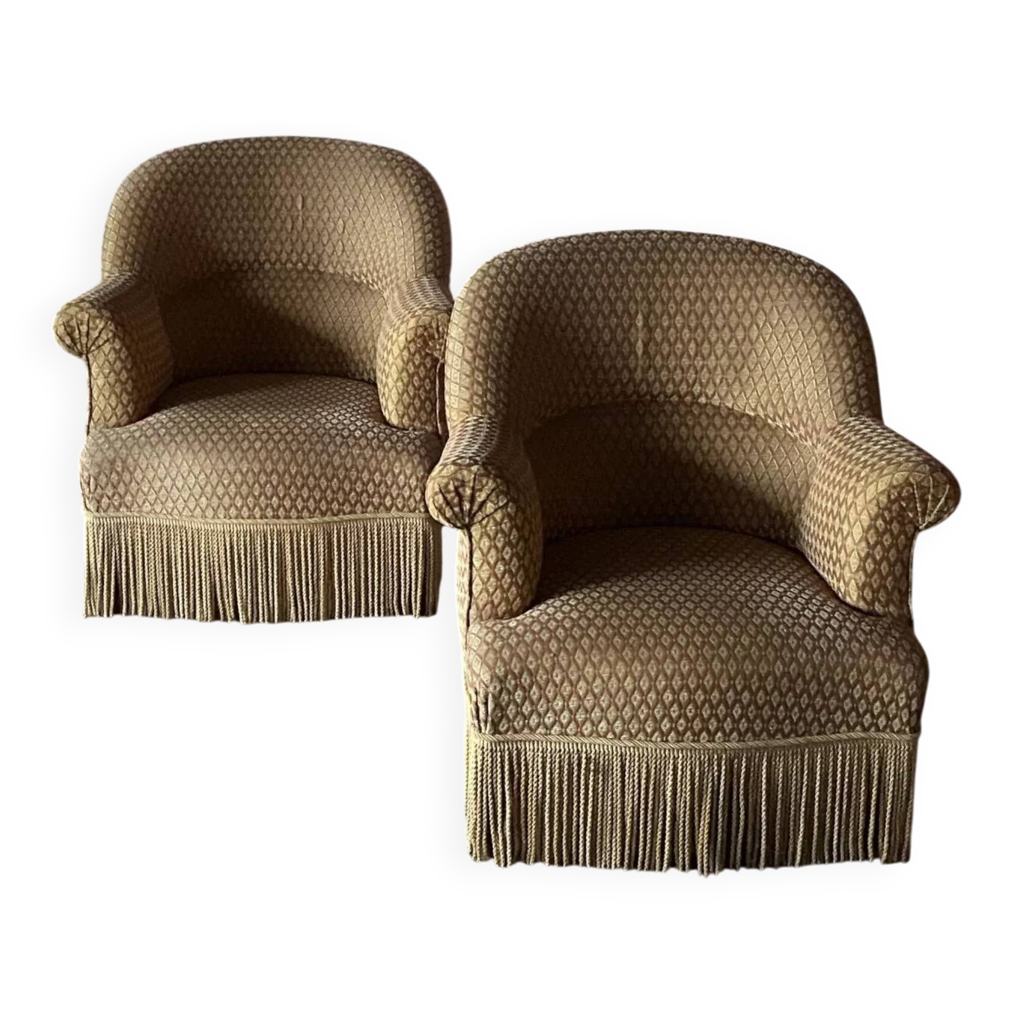 Pair of renovated upholstered frog chairs in beige velvet.