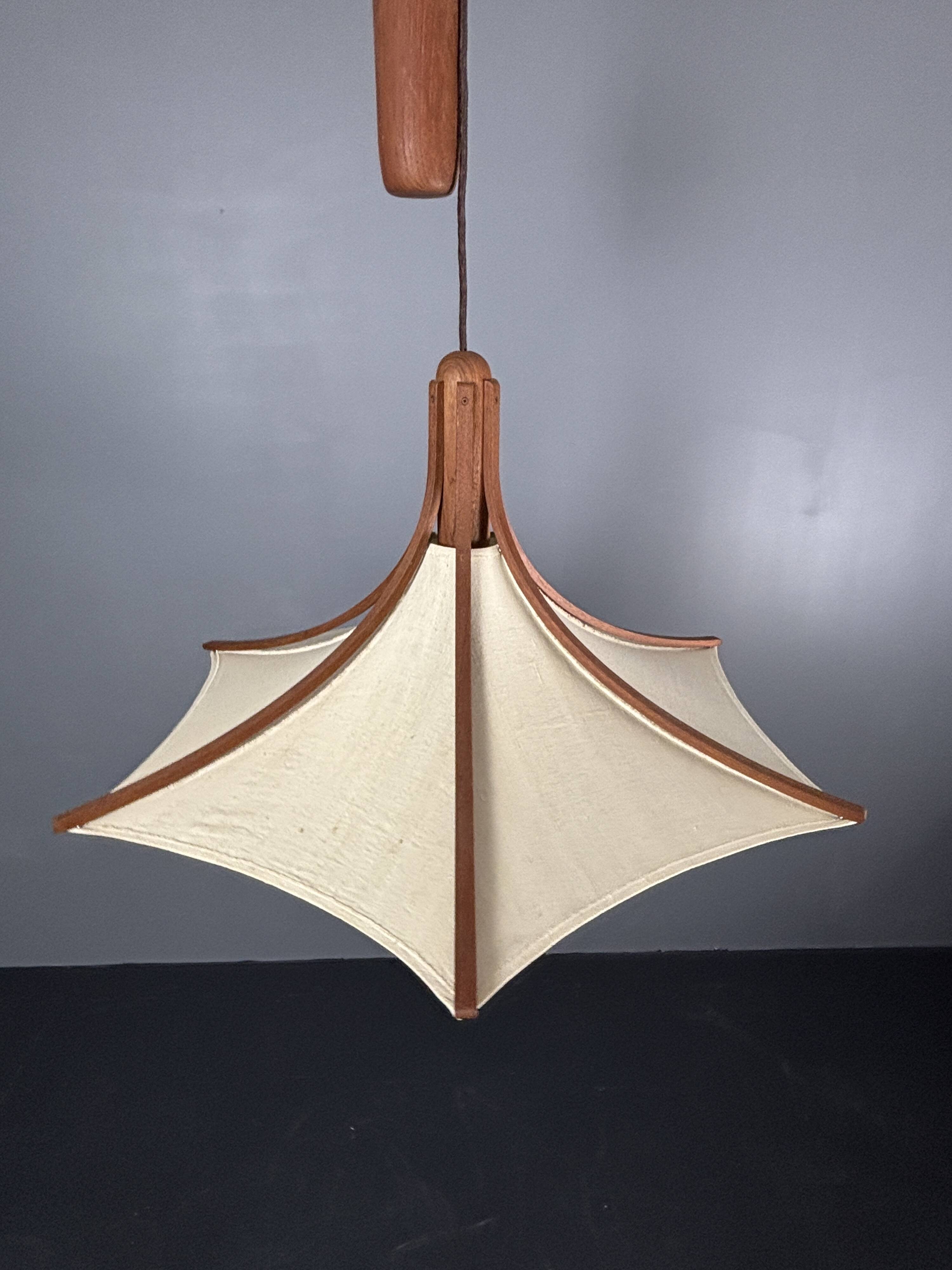 Teak And Linen Umbrella Counter Balance Pendant By Domus, 1970s