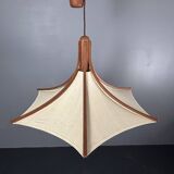 Teak And Linen Umbrella Counter Balance Pendant By Domus, 1970s