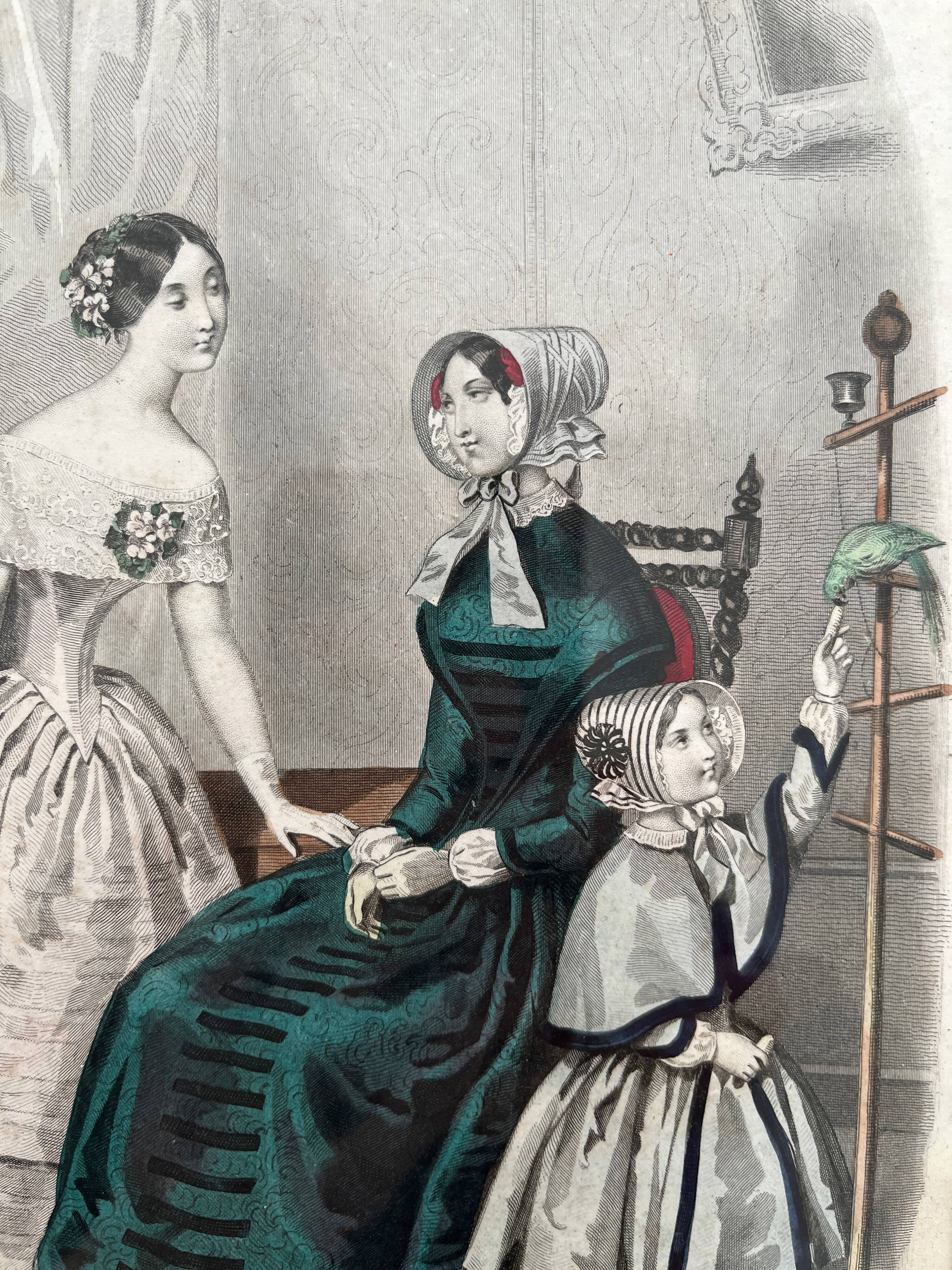 2 lithographs, antique fashion illustrations, under glass, 19th century