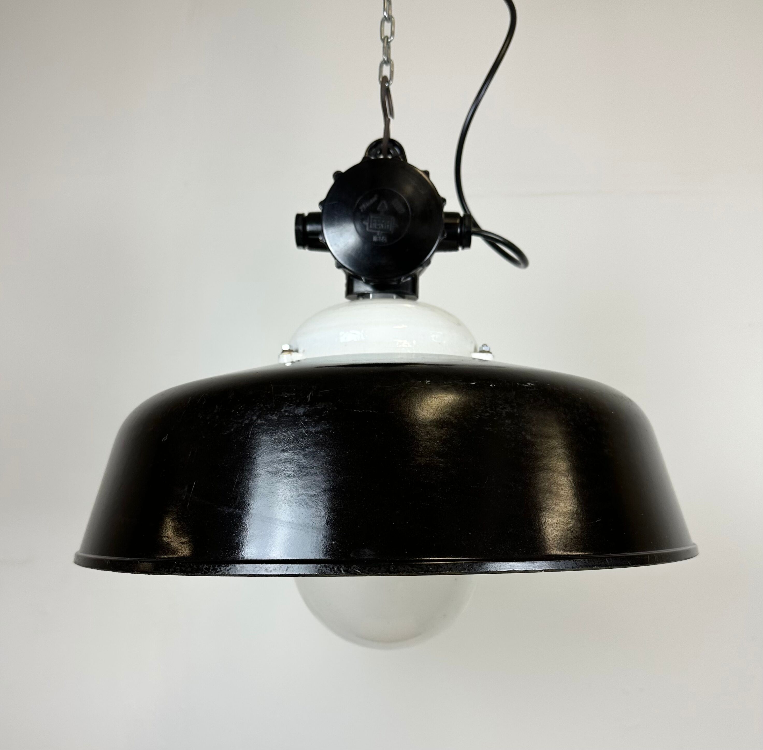 Industrial black enamel lamp with glass cover, 1950s