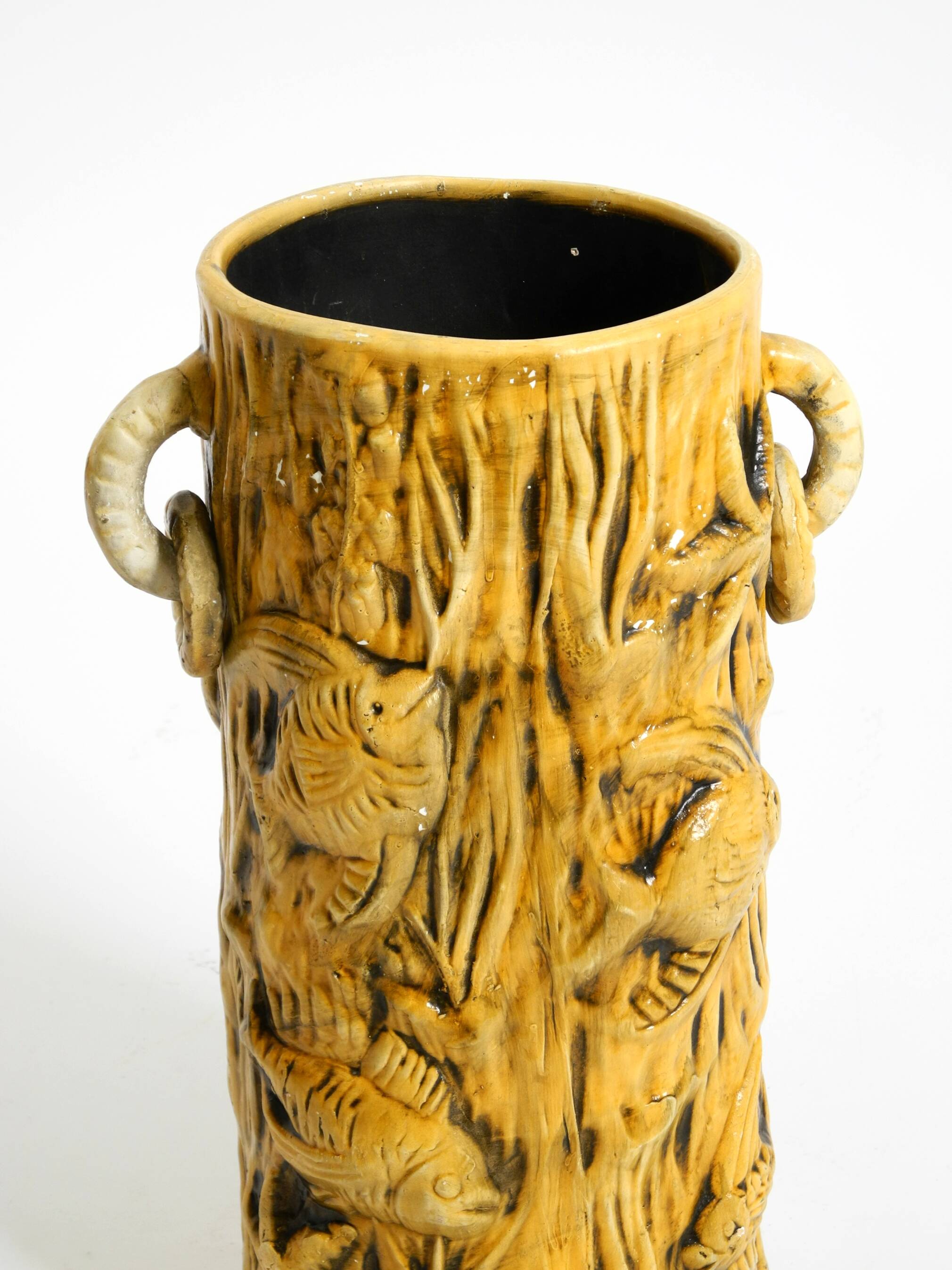 Large handmade glazed ceramic floor vase, handled vase with maritime motifs