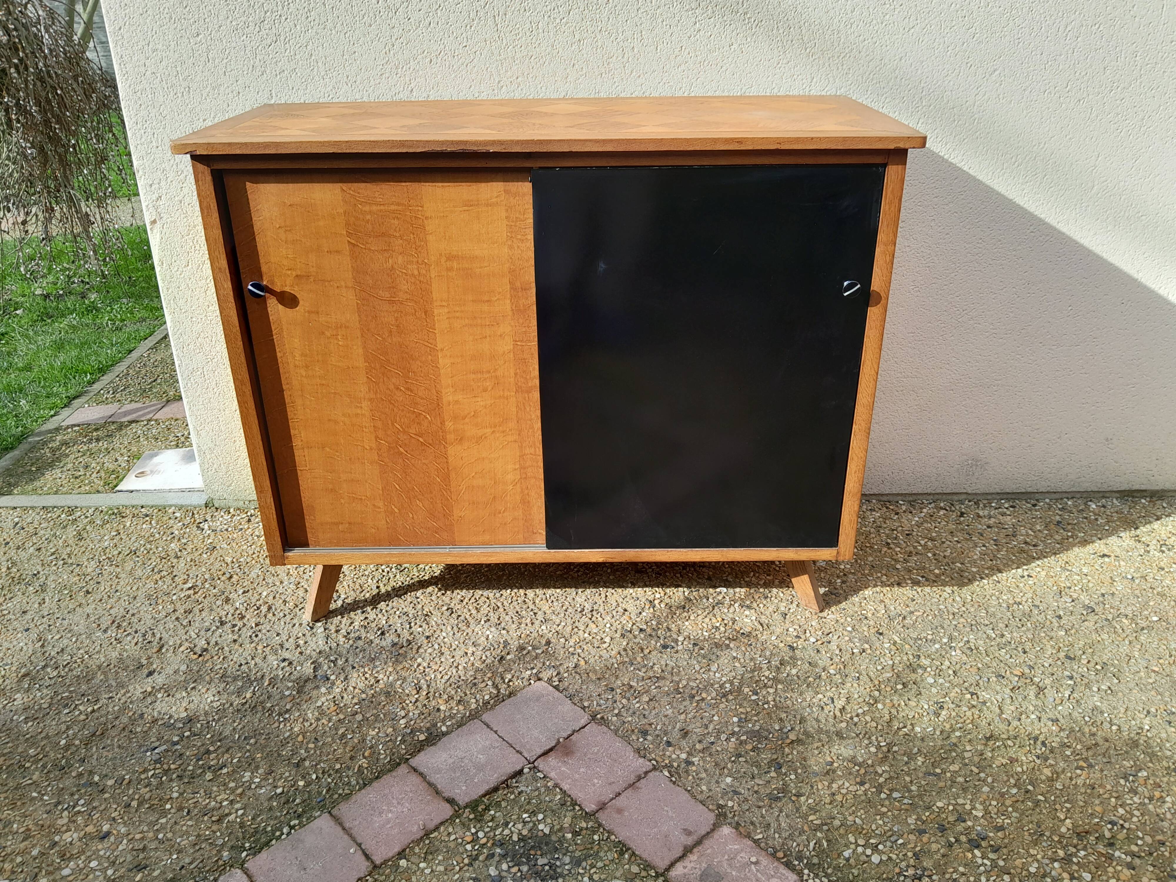 Vintage melamine wood sideboard, year 50, compass feet