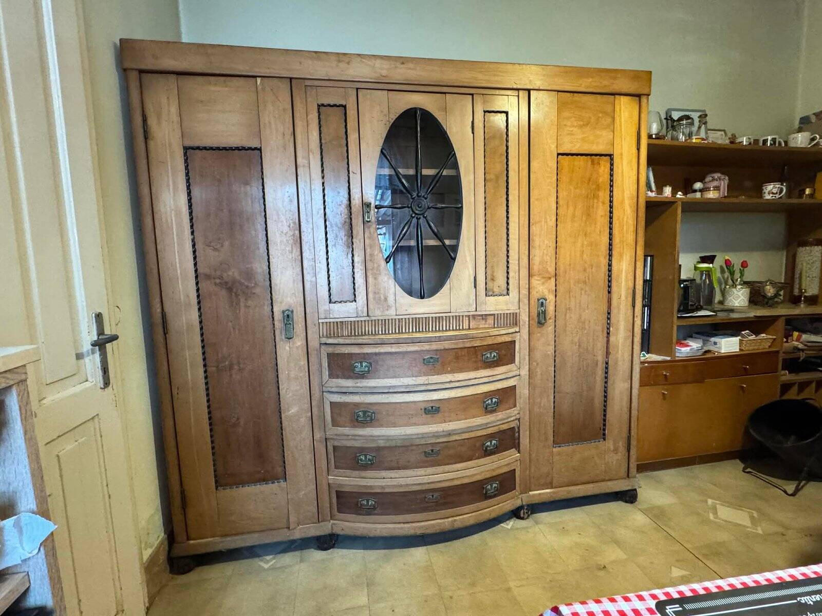 Art Deco Wooden Cabinet with Oval Glass Window and Drawers, 1930s