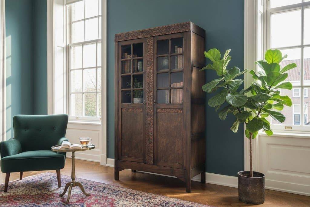 Vintage display cabinet/shelf in dark wood with glass.