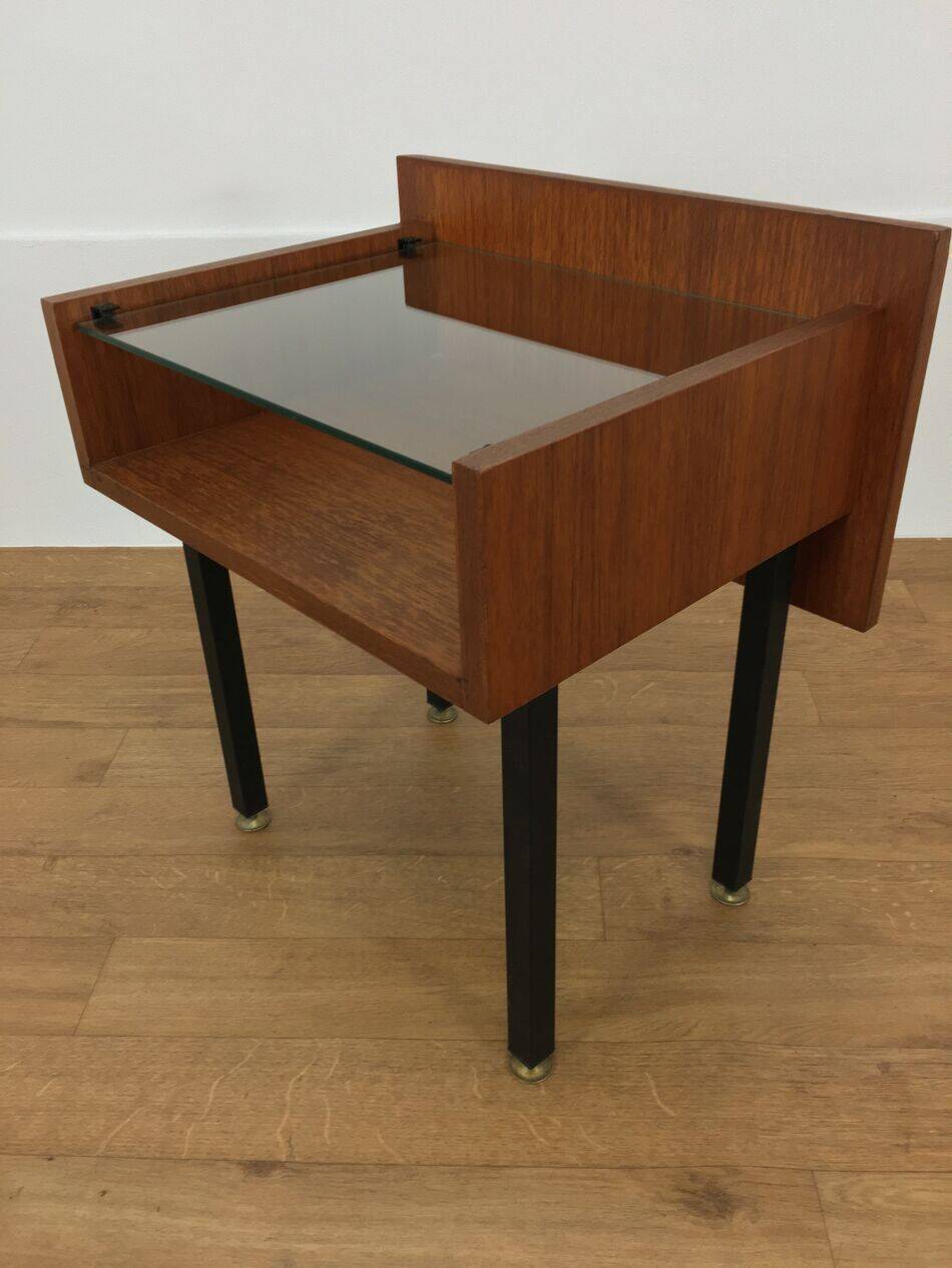 Modernist bedside table from the 1950s, wood and glass.