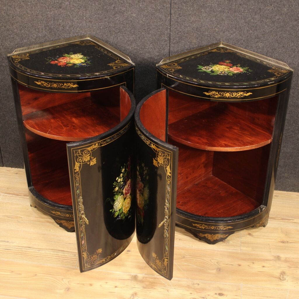 Pair of lacquered and painted French corner cabinets