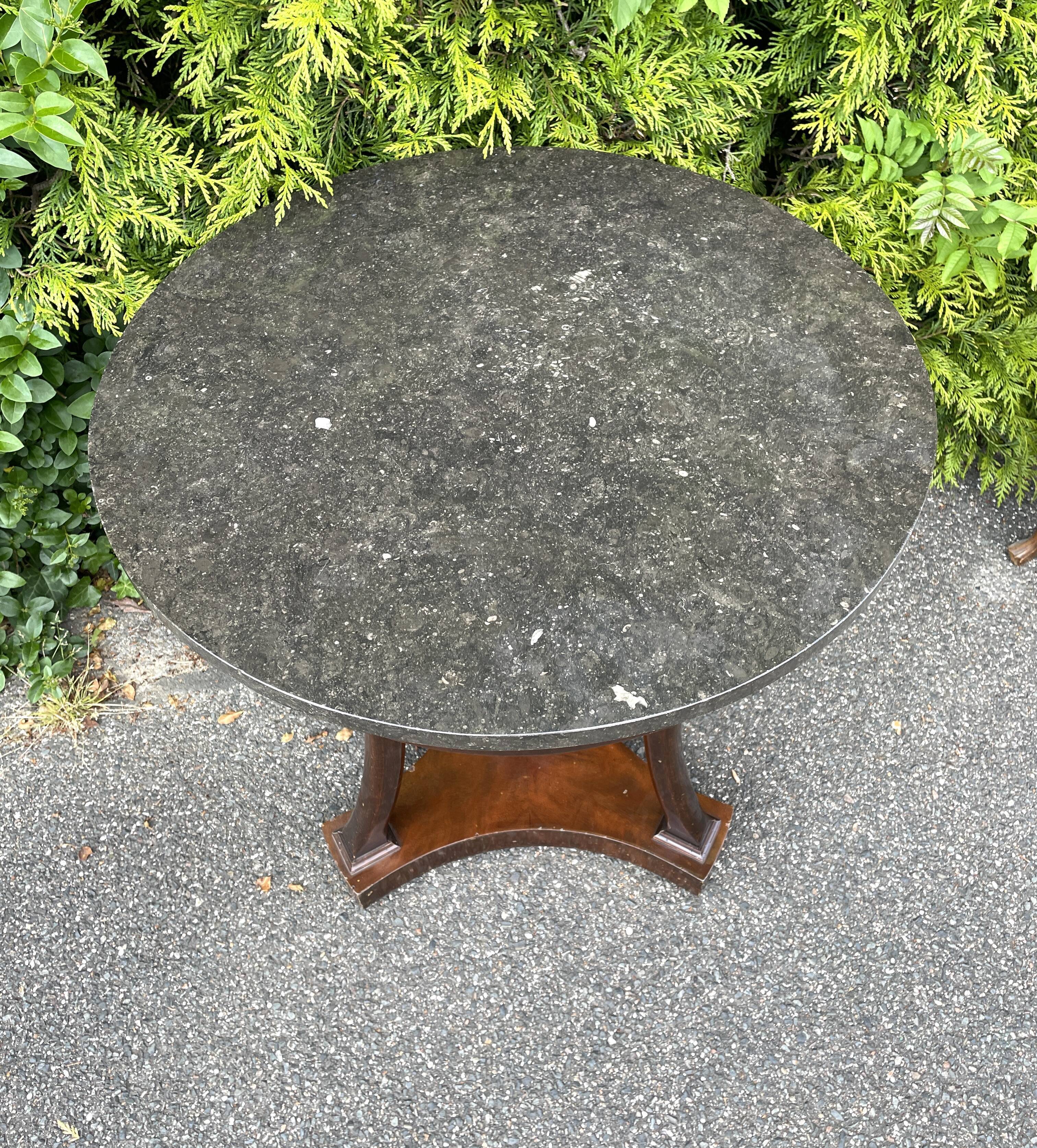 Empire style pedestal table with gooseneck, marble top.