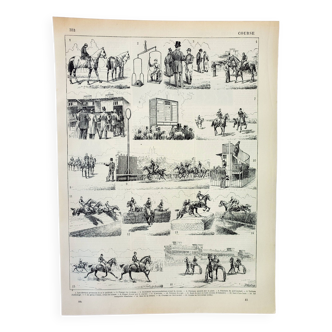 Gravure ancienne 1898, Course de chevaux, hippodrome • Lithographie, Planche originale