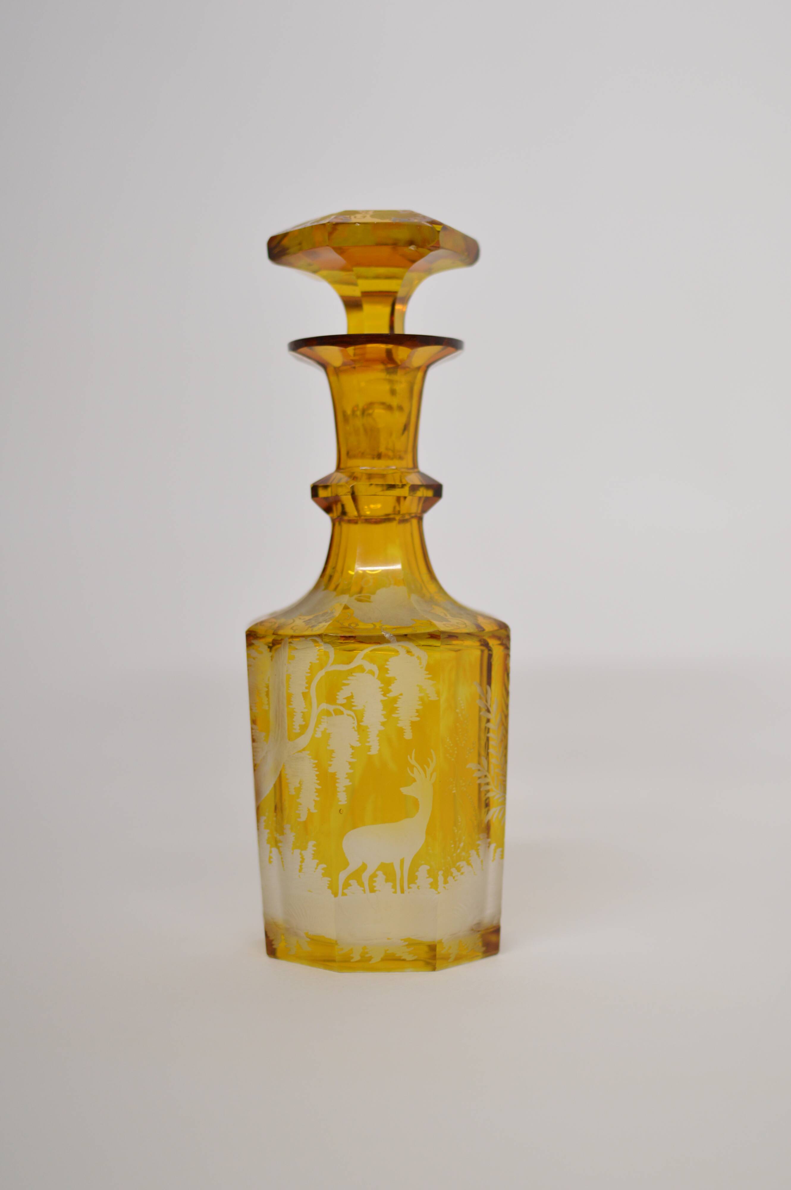 Bohemian glass carafe engraved amber colour