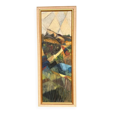 Large Original Swedish Oil on Canvas – “Cubist Landscape” by Kjell Lindberg – Signed – Vintage & Framed