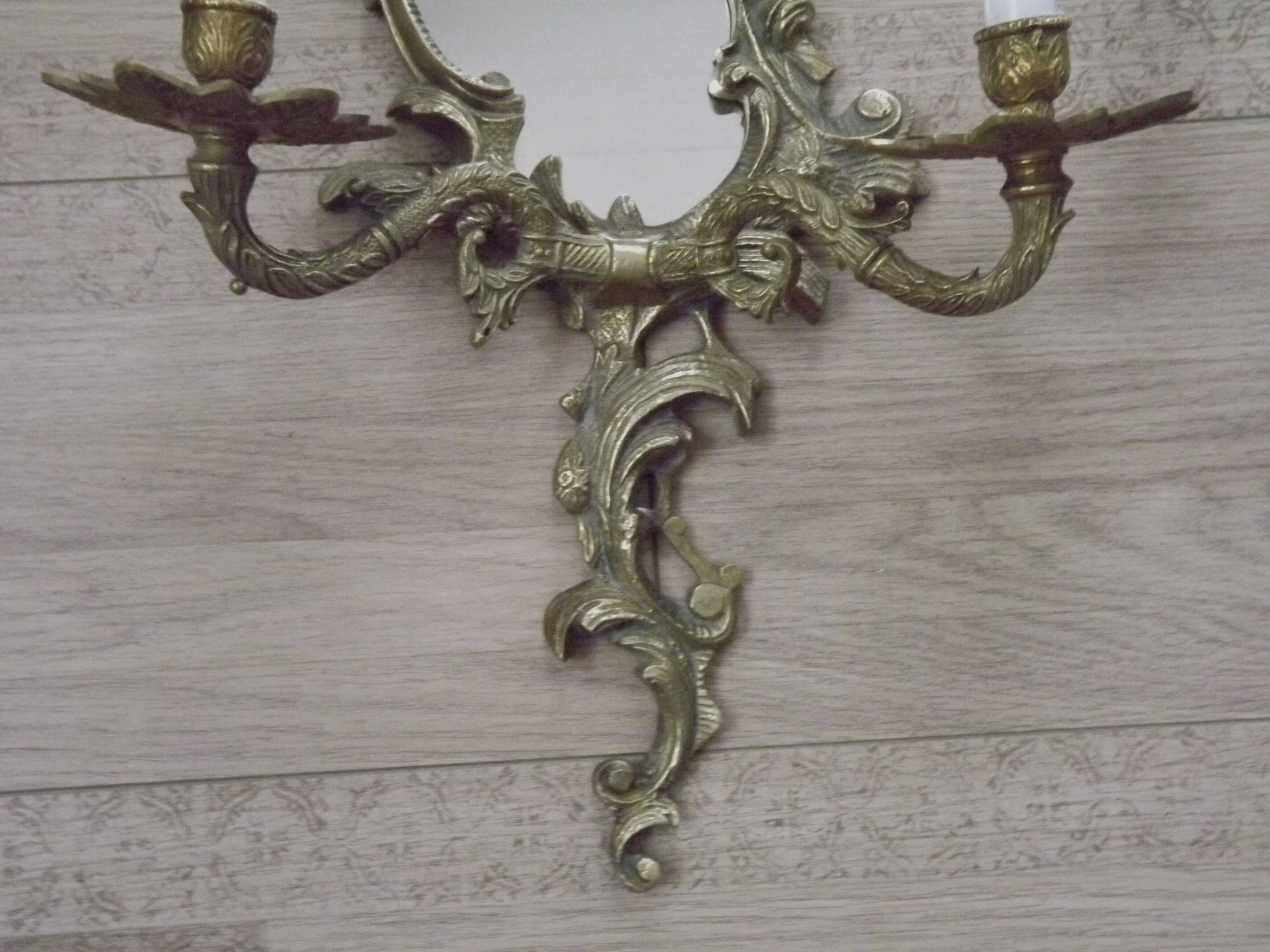 Large Pair of French Antique Bronze Mirror Double Candle Wall Sconces 5127