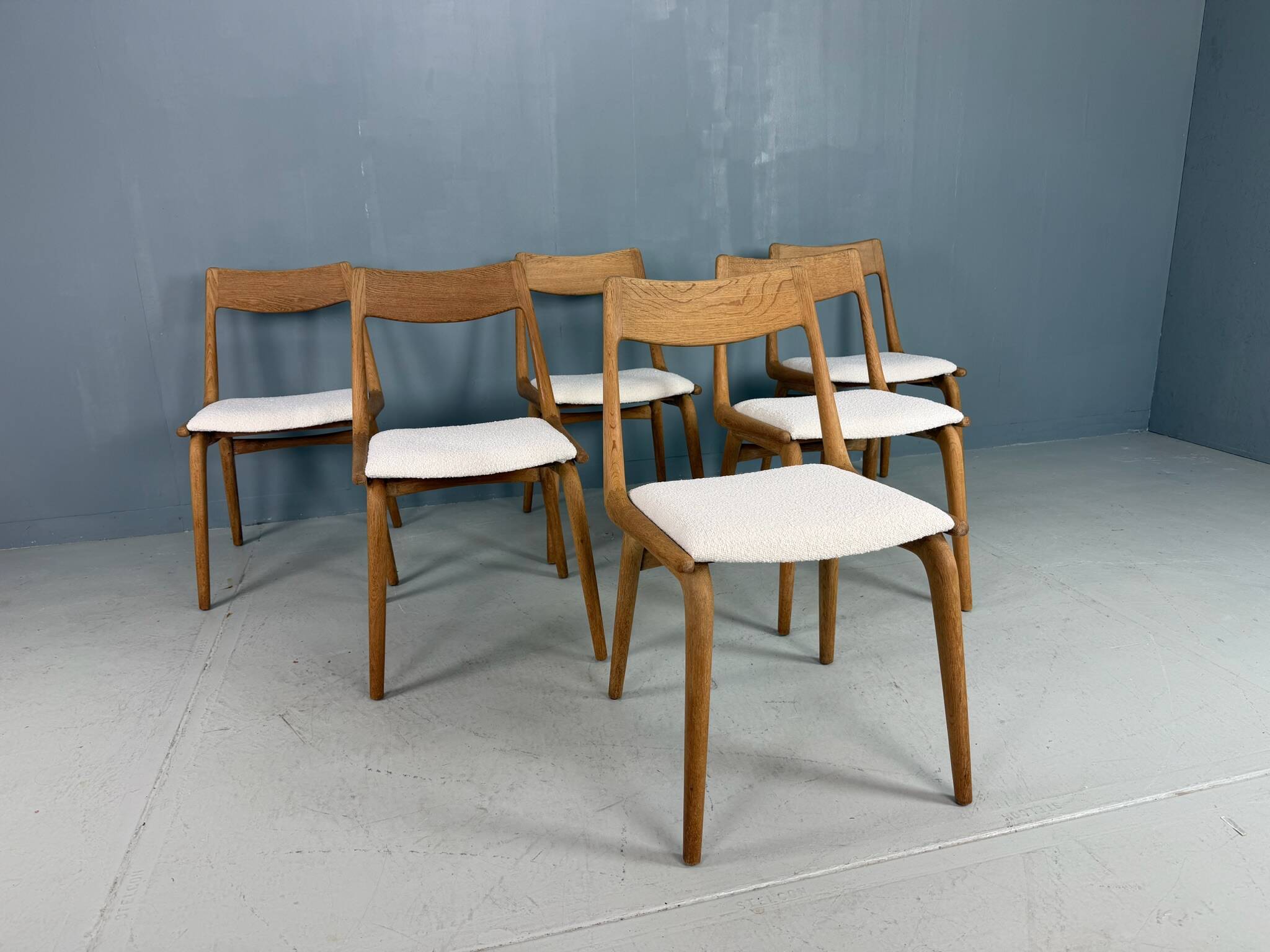 Alfred Christensen Danish oak "Boomerang" chairs set of 6 boucle fabric