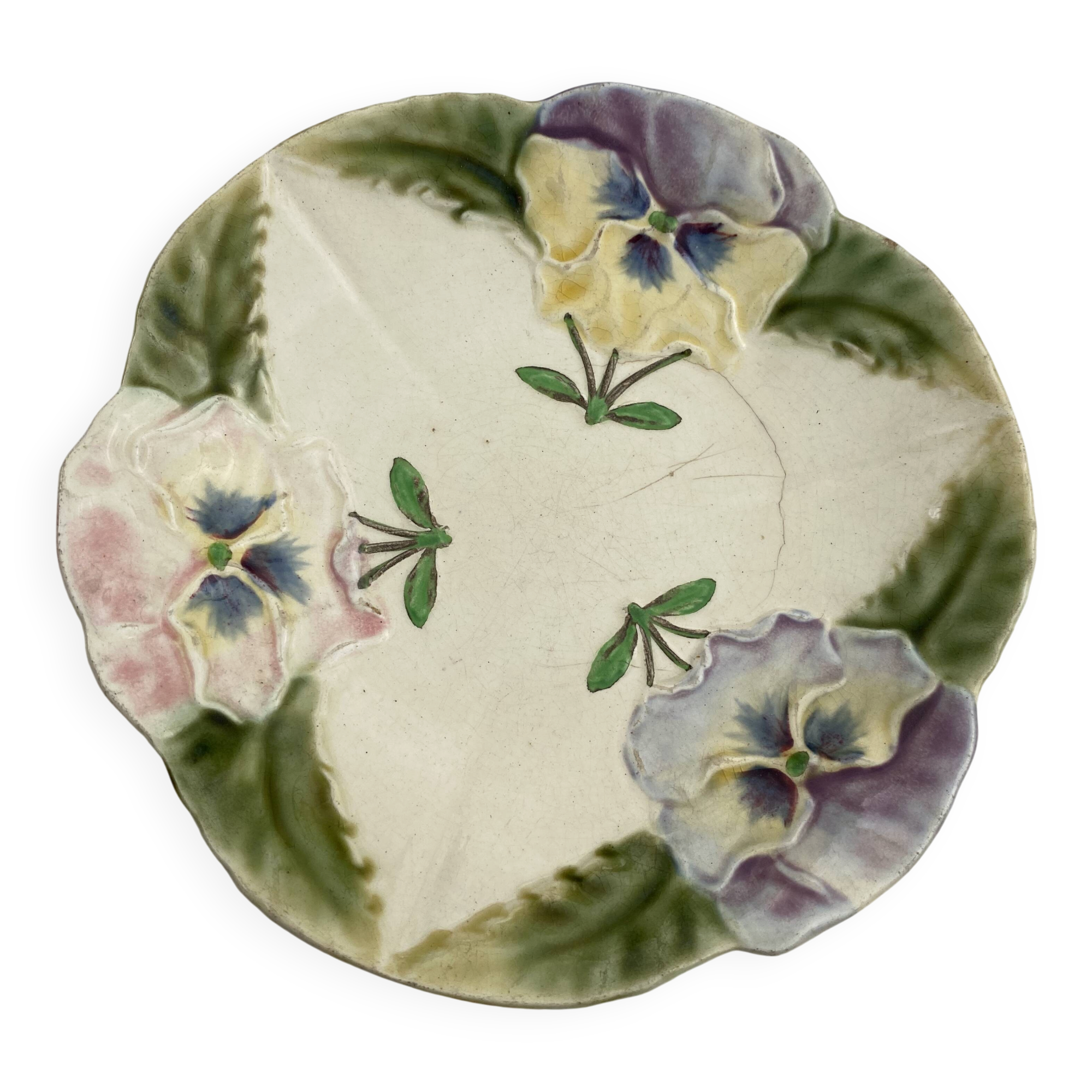 : Antique Longchamp slipware plate - Pansy decoration
