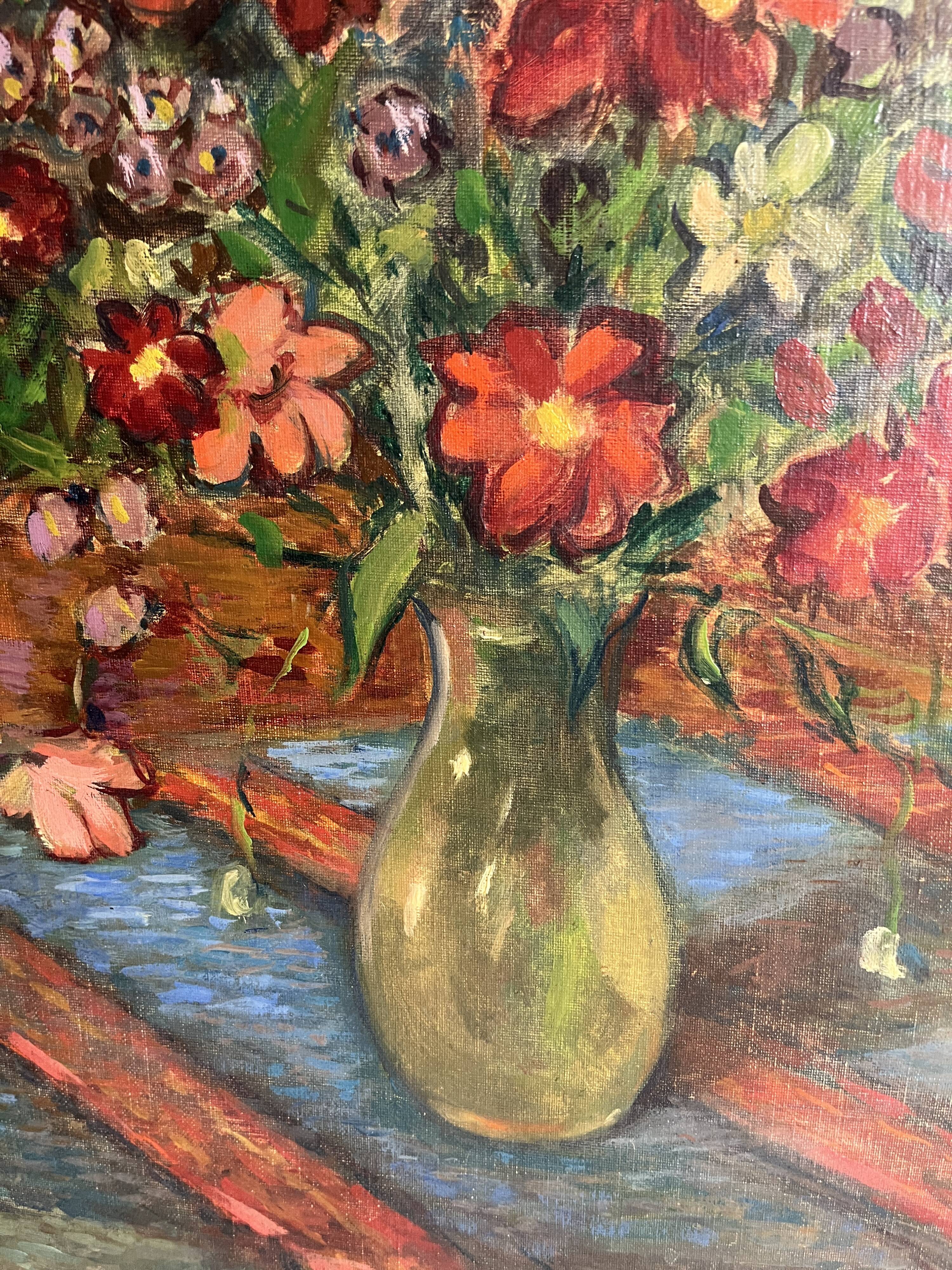 Oil on canvas still life with a red bouquet signed Bérard 20th century.