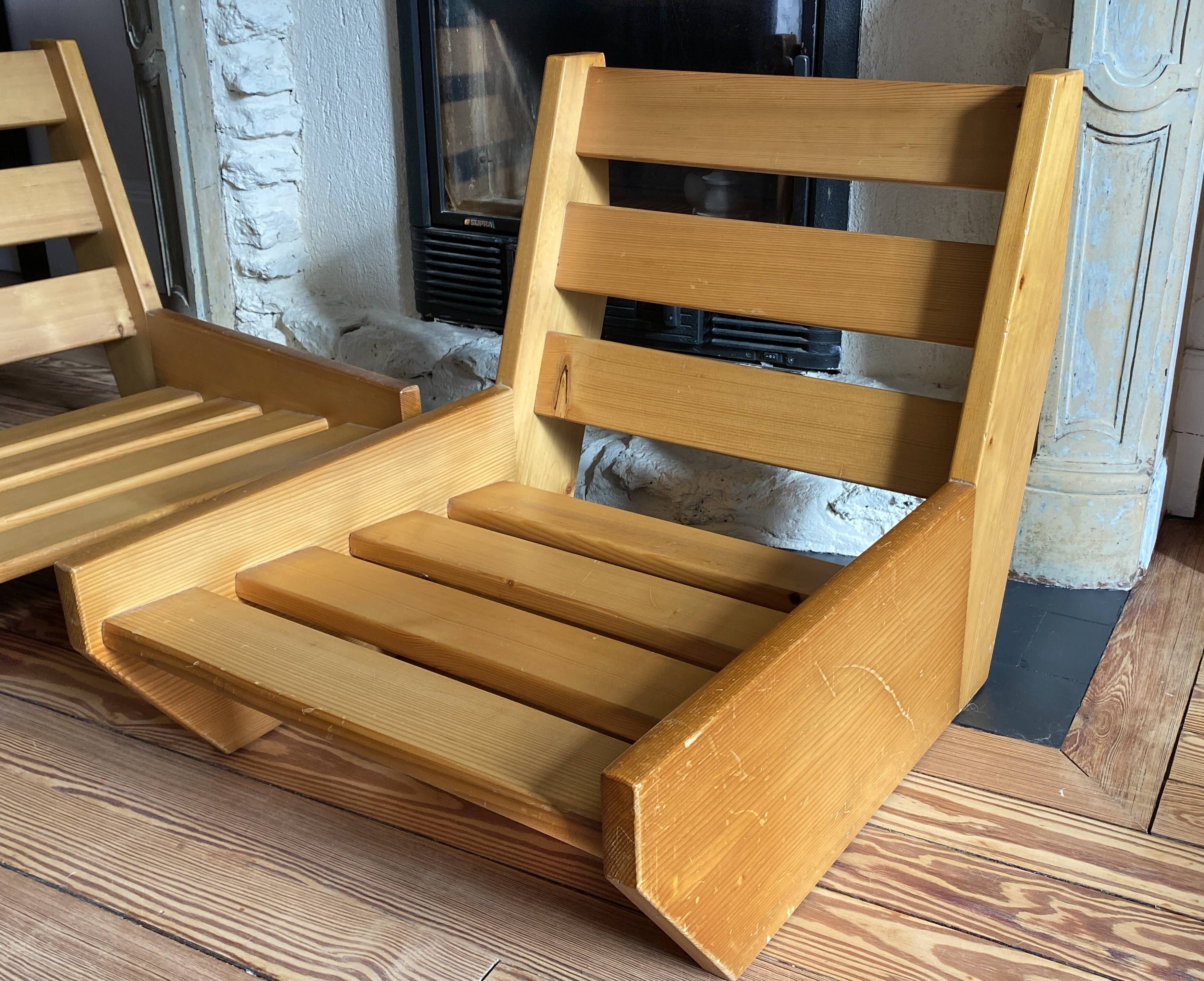 Vintage pair of pine armchairs by René Martin, cabinetmaker Perriand, 1950s.