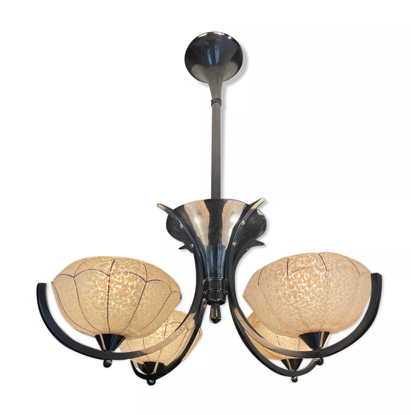 Vintage art deco chandelier, chrome and pink glass, vintage 1930