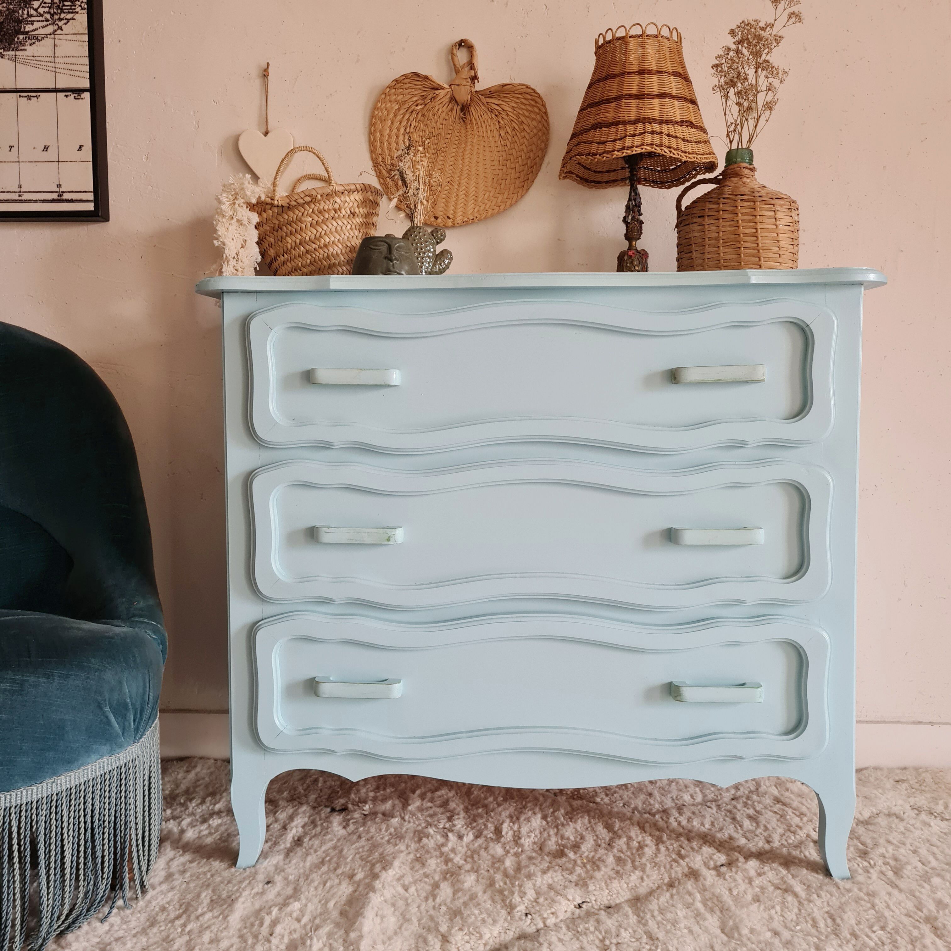 Antique chest of drawers in light blue wood