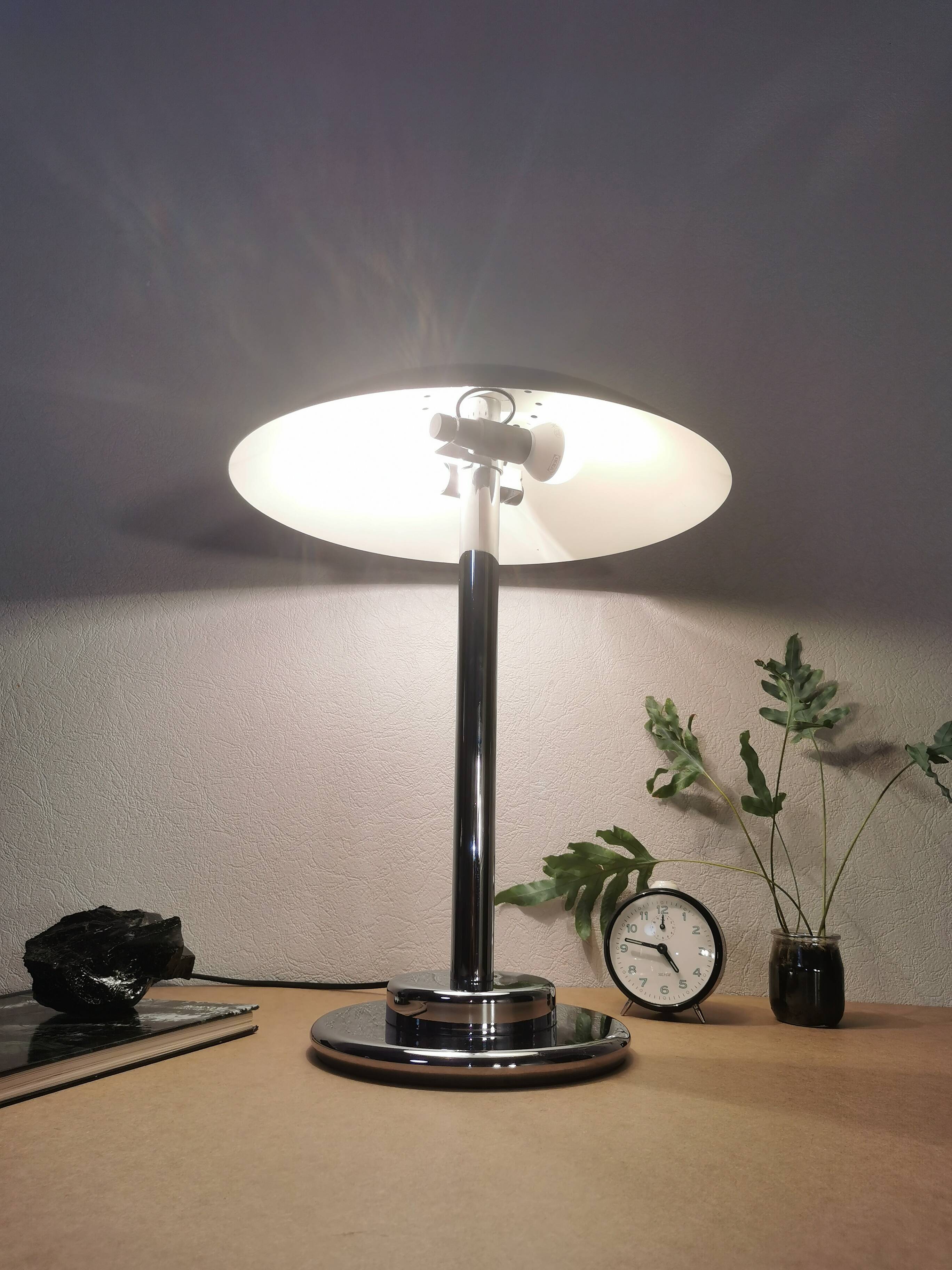 Mushroom lamp, chrome metal saucer, Aluminor, France, 1970