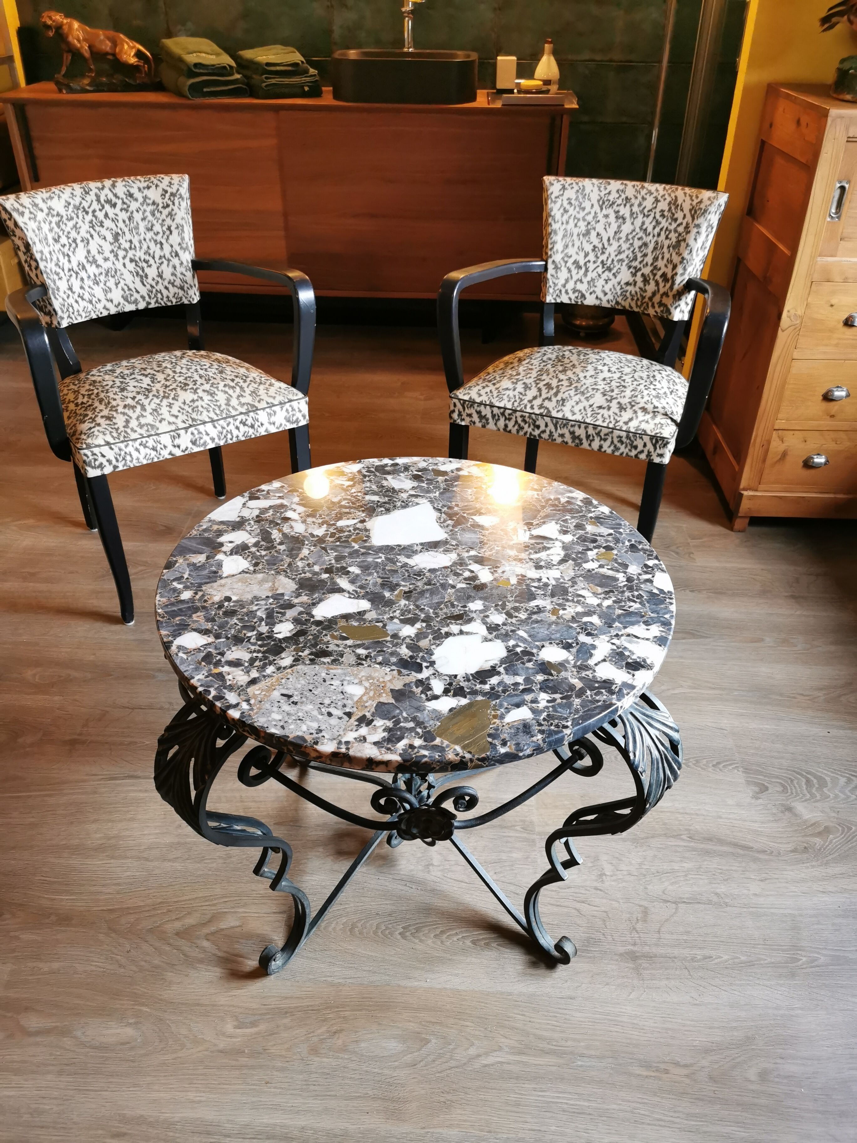 Art deco wrought iron and marble coffee table 40s