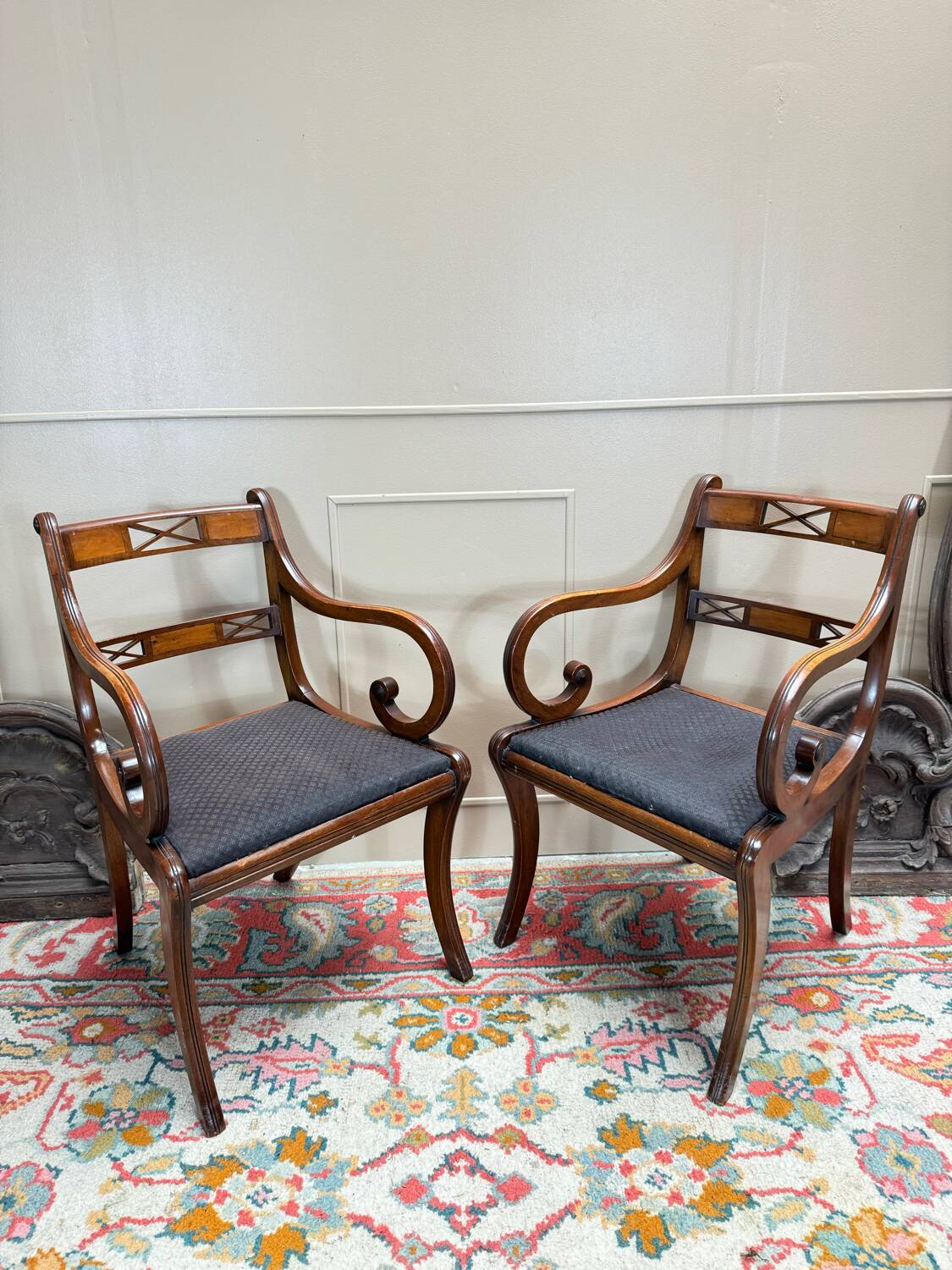 Pair of Armchairs and Pair of Chairs in Mahogany, 20th Century