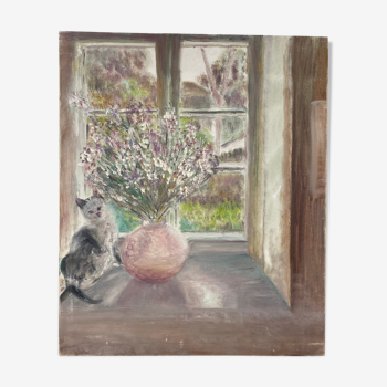 Old painting, still life with bouquet of flower and cat 80s