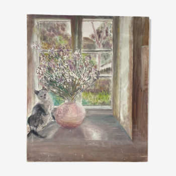 Tableau ancien, nature morte au bouquet de fleur et chat années 80