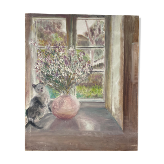 Old painting, still life with bouquet of flower and cat 80s