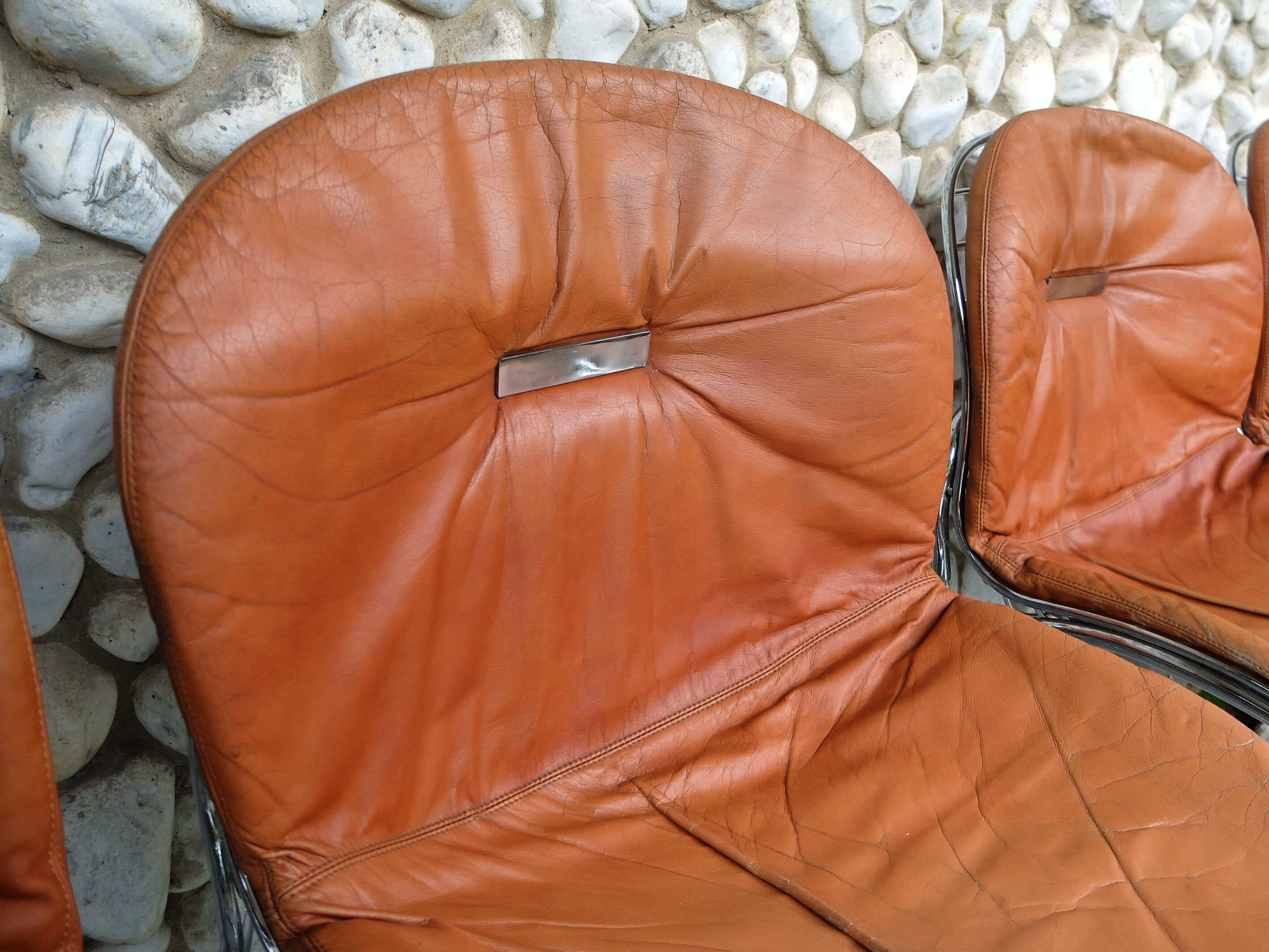 Series of 4 chairs Sabrina design Gastone Rinaldi for Rima, tawny leather, 1970