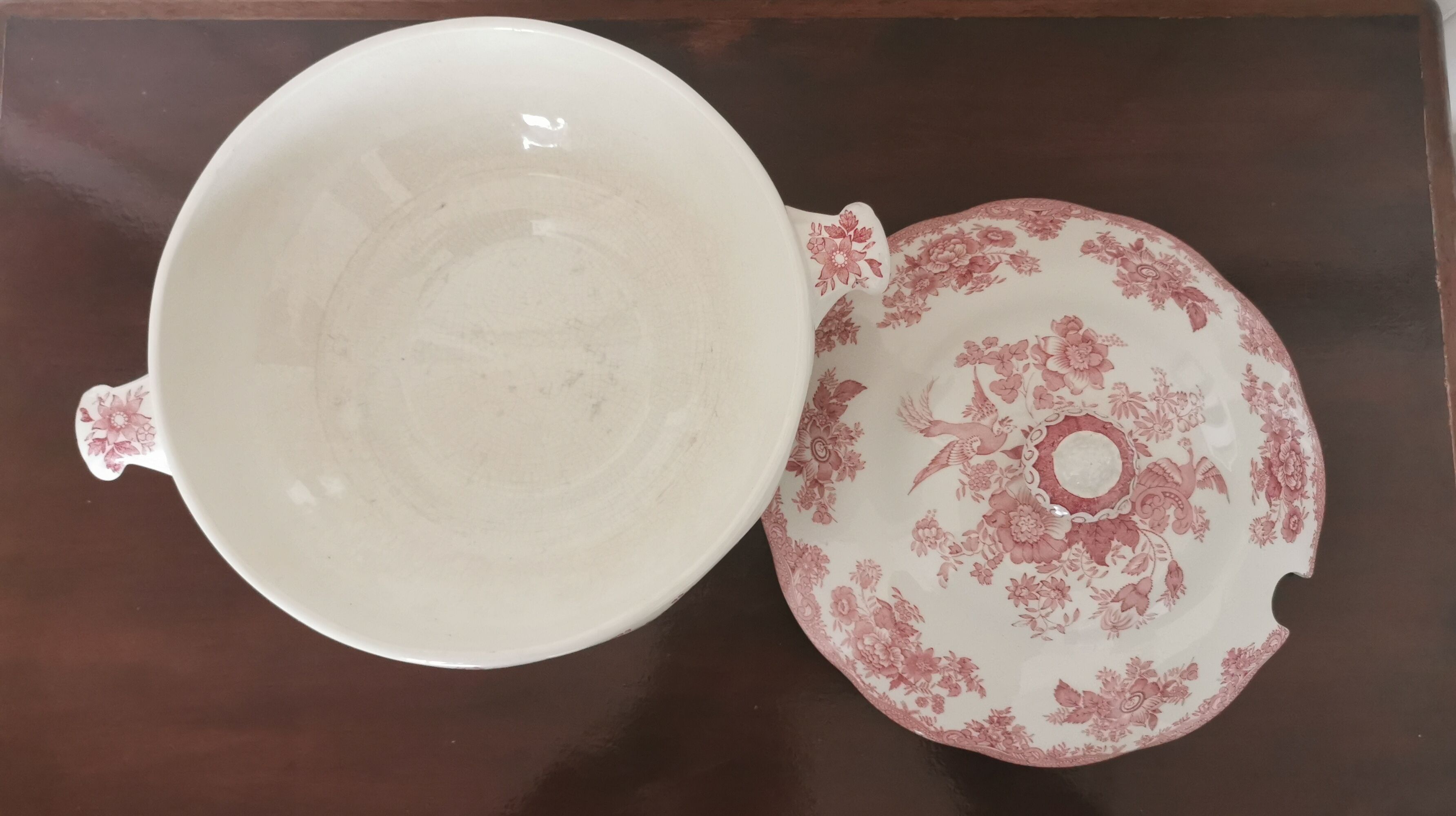English soup bowl with purple floral motifs