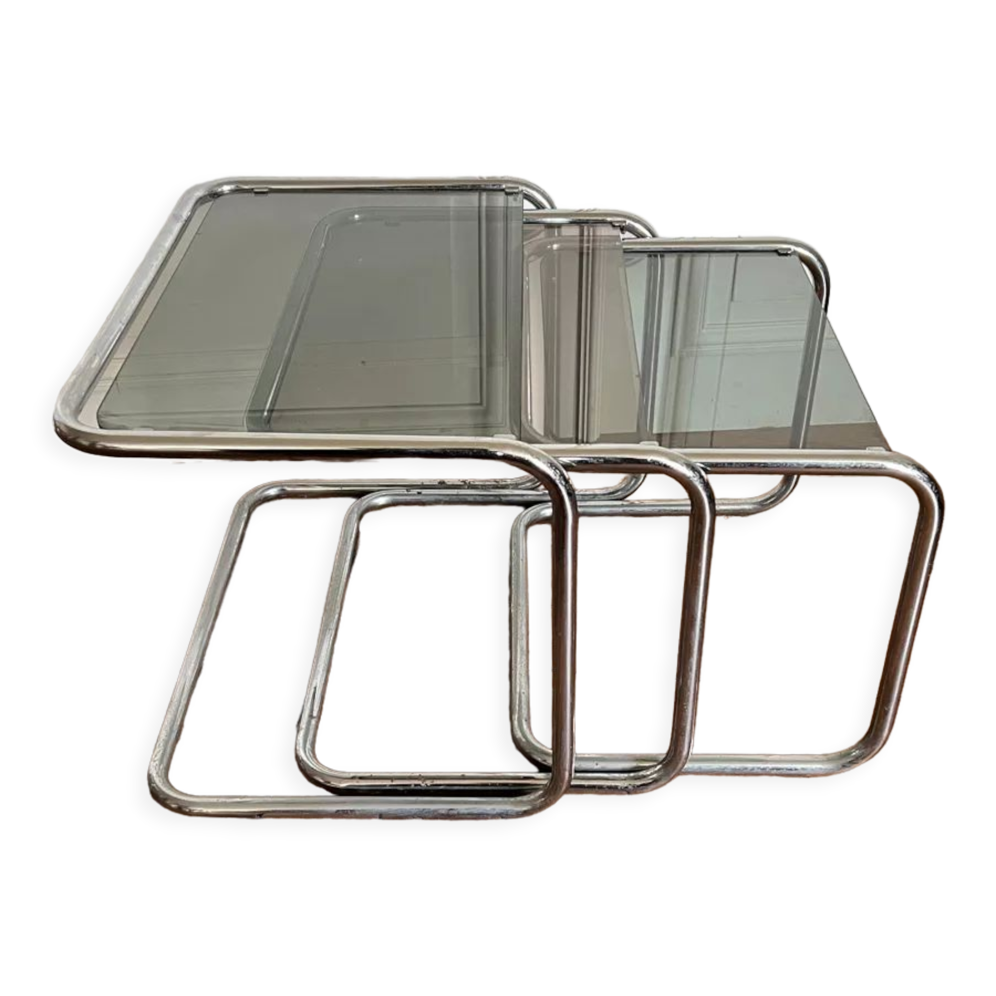 Nesting tables metal and smoked glass 70s