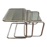 Nesting tables metal and smoked glass 70s