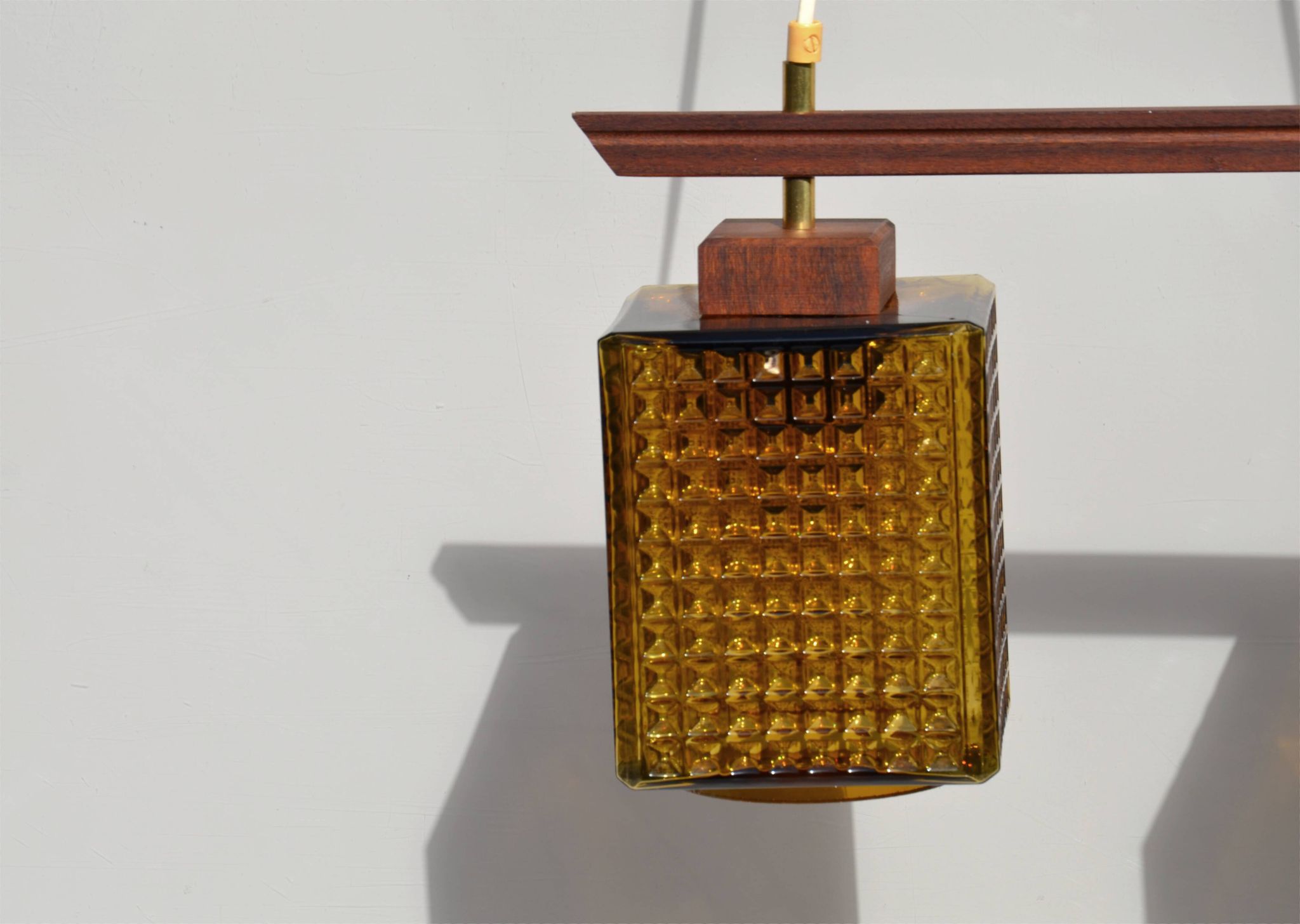 Vintage scandinavian smoked glass and teak dual pendant light by Orrefors, 1960s