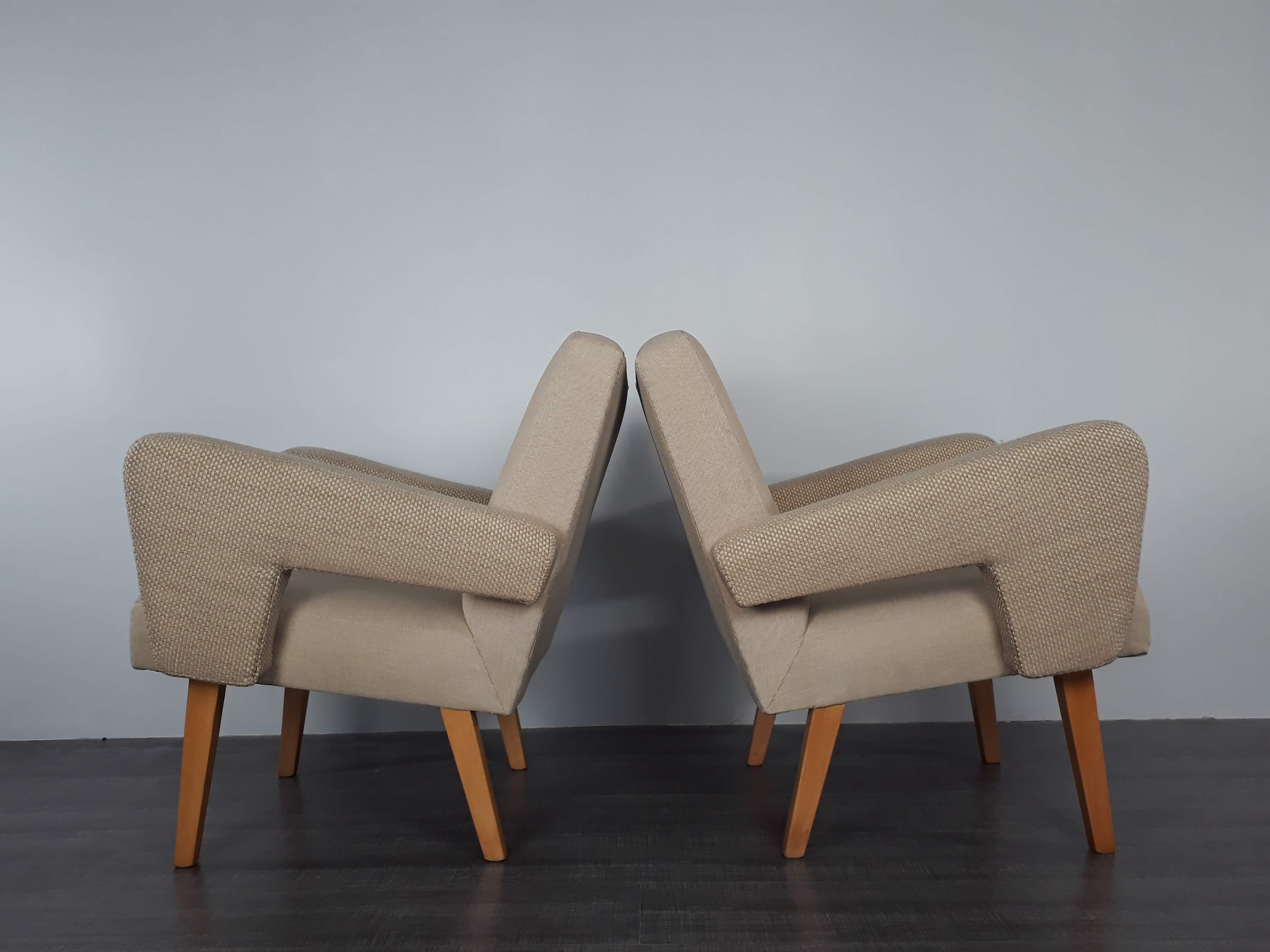 Pair of Jitona armchairs reupholstered Beige Fabric, Czech 1960s