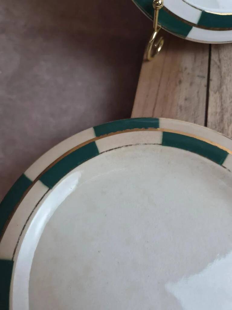 Set of 10 dessert plates Salins – Opaceline Jamier Green – vintage checkered