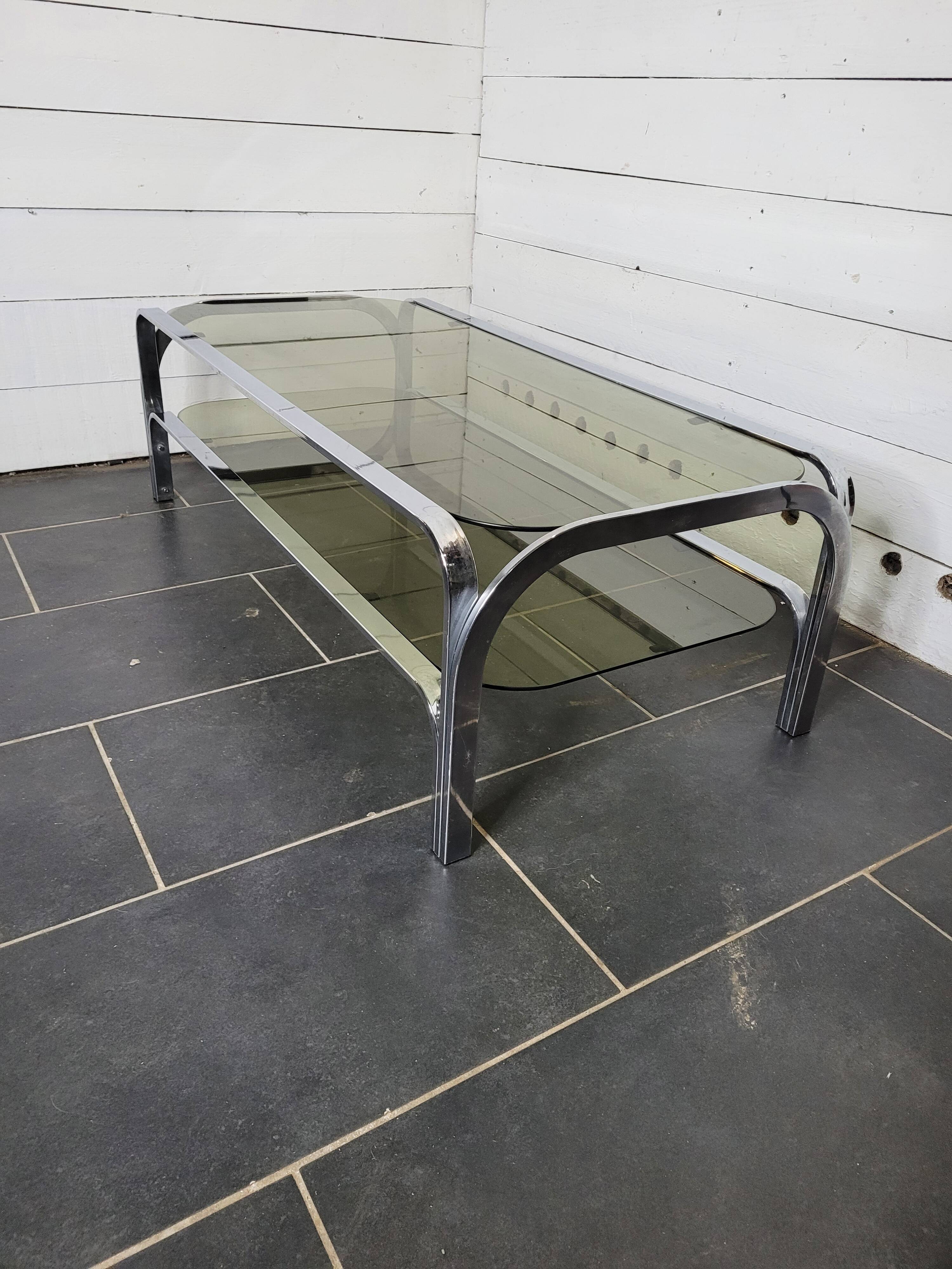Chromed metal coffee table with smoked glass top from the 70s